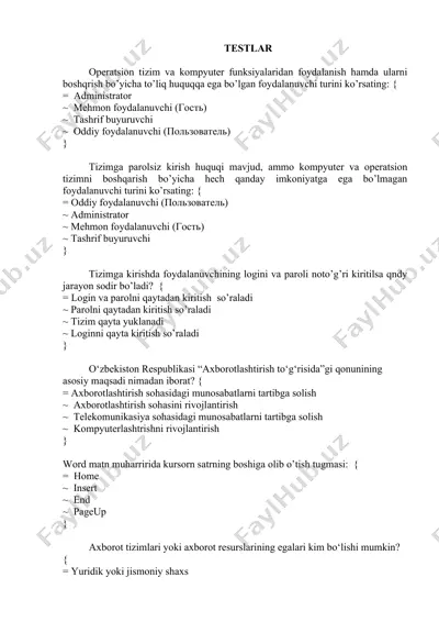 operatsion tizimlar va kompyuter funksiyalari haqida testlar — DOCX