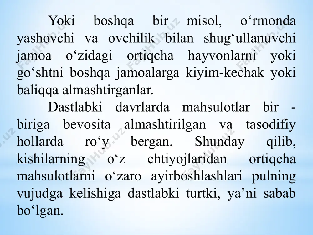 haroitida pul muomalasini tashkil etish, pul ayriboshlash, ularni saqlash, taqsimlash, bo‘sh pulni qarzga berish, pul vositasida moliyaviy hisob-kitoblarni amalga oshirish kabi iqtisodiy munosabatlar yanada kuchayib, murakkablashib boradi. /docprops/thumbnail.jpeg