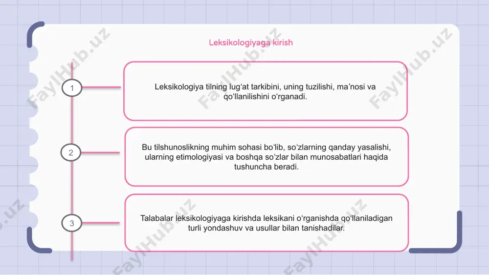 aralashtirish esa ikki so‘zning qismlarini birlashtirib, yangi so‘z hosil qiladi. leksik semantika leksikologiya tildagi soʻzlar va ularning maʼnolarini oʻrganadi. bu tilning lugʻat tarkibiga eʼtibor qaratuvchi tilshunoslikning boʻlimi. leksik semantika so'zlarning ma'noni qanday etkazishini o'rganadi. bu alohida so'zlarning ma'nosini va ularning jumla va nutqda bir-biri bilan qanday bog'lanishini o'rganadi. leksikologiya va leksik semantika sohasi tilning qanday ishlashini va muloqotda ma'no qanday tuzilganligini tushunish uchun muhimdir. 1 2 3 leksik xilma-xillik leksikologiya tilning lugʻat tarkibini oʻrganuvchi tilshunoslikning boʻlimidir. u so'zlarning ma'nosi, tarixi va qo'llanilishini o'rganadi. leksik oʻzgaruvchanlik soʻzlarning turli kontekstlarda yoki soʻzlovchilarning turli guruhlari tomonidan qoʻllanilishining turli usullarini bildiradi. u talaffuz, imlo va ma'nodagi o'zgarishlarni o'z ichiga olishi mumkin. leksik o‘zgaruvchanlikni tushunish tillarning xilma-xilligi va boyligini tushunish, shuningdek, til o‘zgarishi va sotsiolingvistikani o‘rganish uchun muhim ahamiyatga ega. leksikologiya va til o'zgarishi leksikologiya so'zlarni, ularning ma'nosini va vaqt o'tishi bilan qanday o'zgarishini o'rganadi. u til va madaniyat o'rtasidagi munosabatni va jamiyatlar o'zgarishi bilan …