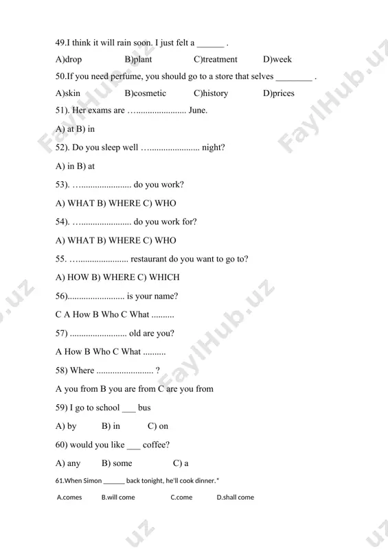 having 85. a: ______ nancy ______ dishes in the kitchen? b: yes, she is. a) is / washing b) do / wash c) are / washing d) does / wash 86. a: ______ chris and victor work on saturdays? b: i don't know. why ______? a) does / do you ask b) do / are you asking c) are / do you ask d) is / are you asking 87. a: where ______ your sister ______? b: on a farm in texas. she also works there with her husband. a) do / live b) are / living c) is / lives d) does / live 88. mark and i ______ television. we turn it on maybe once a year. a) often / watch b) rarely / watch c) often / watches d) rarely / watches 89. a: ______ he ______ a car? b: yes, he has. a) has / got …