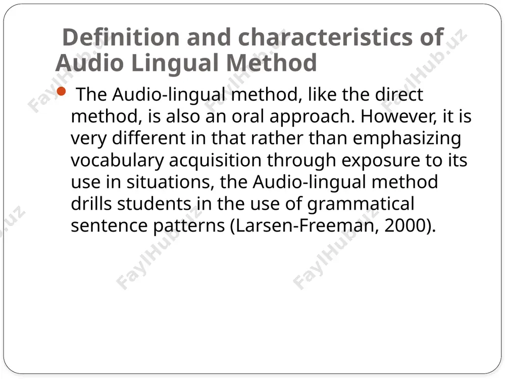 time 4. structural patterns are taught using repetitive drills 5. there is little or no grammatical explanation. grammar is taught by inductive analogy rather than by deductive explanation 11 6. vocabulary is strictly limited and learned in the context 7. there is much use of tapes, language labs, and visual aids 8. great importance is attached to pronunciation 12 9. very little use of the mother tongue by teachers is permitted 10. successful responses are immediately reinforced 11. there is a great effort to get students to produce error-free utterances 12. there is a tendency to manipulate language and disregard content. 13 references 1. maedeh alemi and ehteramsadat tavakoli. audio lingual method. 3rd international conference on applied research in language studies. 2017. 2.larsen-freeman, d. (2000). techniques and principles in language teaching. oxford: oxford university press 3. алимова, н.мухаммедова, б.брювертон (2016). becoming a teacher. tashkent. 14 /docprops/thumbnail.jpeg