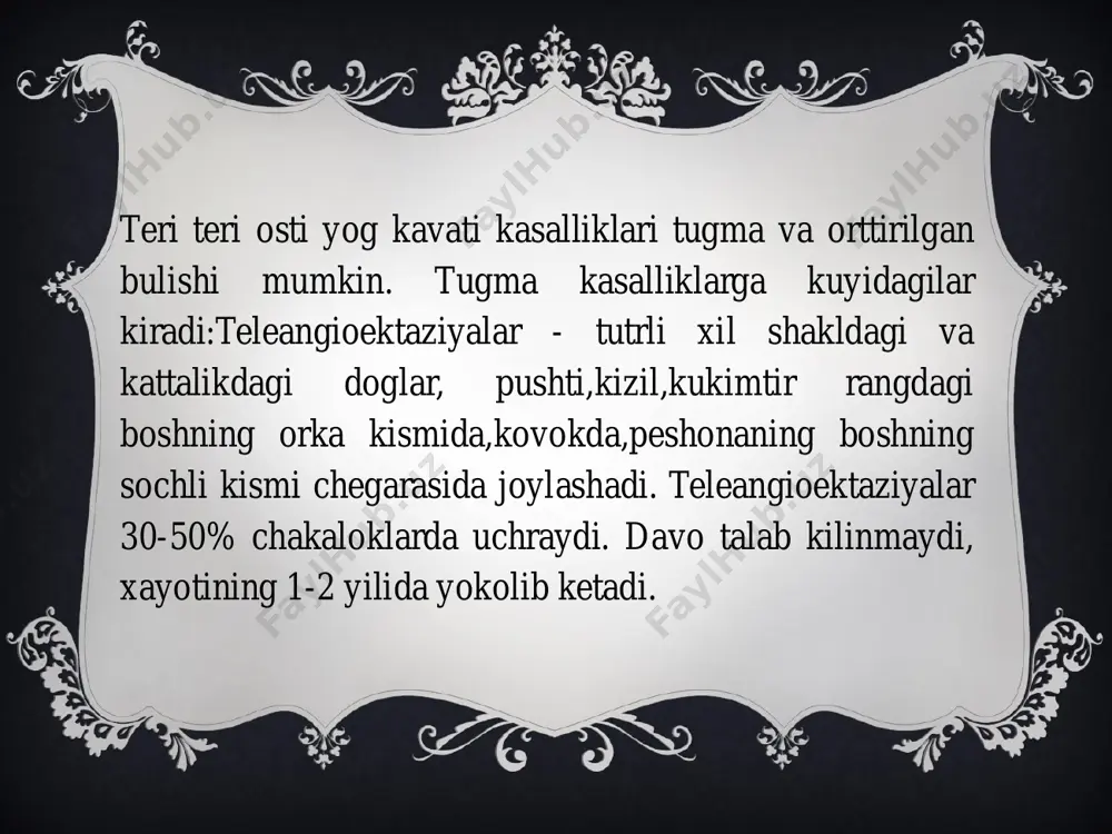 blanib, tugilish paytida teri koplamlarining generalizasiyalashgan shikastlanishidir. bola kattik okish kul rang pantser ya'ni kobik bilan koplangan buladi, keyinchalik kobik yorilib yoriklar paydo bulib, suyuklik ajralishi kuzatiladi. (xomila arlekina) sindromi kuzatiladi, bola terisi ilon terisini eslatadi. kovoklari kayrilgan , burun va kuloklari deformasiyalangan, ogzi ochik - balik ogziga uxshaydi, barmok va oyoklari deformasiyalangan. shu bilan birgalikda ichki organlarida xam nuksonlar kuzatiladi. kuprok bunday bolalar chala tugiladilar. bunday bolalar xayotining 2-xaftalarida ikkilamchi infektsiyaning kushilishi natijasida, nafas, jigar buyrak etishmovchiligi, ovkatlantirish buzilishlaridan nobud bulishi mumkin. biroz engilrok formasida - bola tugilish bilan tselofansimon yaltirok, kulrang membrana bilan koplangan bulib yuz va barmoklar deformasiyasyga olib keladi. keyichalik bu uralgan membrana yorilishi mumkin. pigment tutmaslik (blox-sulsberga sindromi)- kasallik x xromasoma bilan dominant tip buyicha beriladi. terining shikastlanishi tugilgandan sung bir necha kundan sung boshlanishi mumkin va 4 etapda kechadi.eritematoz, urtikar ekzantemalar gavda va oyok-kullarda.giperkeratoz tipdagi tugunlar paydo bulishi.jigarrang - kulrang yoki shokolad rangidagi infiltrasiya …