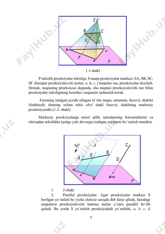 ig`i esa to`rtinchi chorak deb ataladi. (1.4- shakl) 1.4- shakl таsvirlanaetgan nuqta yoki nuqtalar sistemasi fazoning birinchi, ikkinchi, uchinchi, to`rtinchi choraklarida yoki proeksiya tekisliklaridan birida yoxud ularning kesishuv chizig`ida bo`lishi mumkin. quyidagi tasvirda fazoning birinchi oktantida turgan a nuqta va uning н, v, w proeksiya tekisliklarida to`gri burchakli proeksiyalari ko`rsatilgan.3 3 basant agrawal, c.m.agrawal ―engineering drawing‖ tata mcgraw-hill education private limited. new delhi-2008. 4. nuqtaning proeksiyalarini yasash uchun undan gorizontal proeksiyalar tekisligiga perpendikulyar tushiramiz va perpendikulyarning asosini a bilan belgilaymiz, so`ngra berilgan nuqtadan frontal proeksiyalar tekisligiga perpendikulyar tushirsmiz va bu perpendikulyarning asosini a‟ bilan belgilaymiz va berilgan nuqtadan profil proeksiyalar tekisligiga perpendikulyar tushiramiz va bu perpendikulyarning asosini a” bilan belgilaymiz.( 1.5- shakl.) 1.5- shakl. а - nuqtaning gorizontal proeksiyasi, а' - nuqtaning frontal roektsiyasi, а” – nuqtaning profil proeksiyasi. a, а‟, а” - proeksiyalar birgalikda a nuqtaning ortogonal proeksiyalari deyiladi.[footnoteref:3] [3: basant agrawal, c.m.agrawal ―engineering drawing‖ tata mcgraw-hill education private …