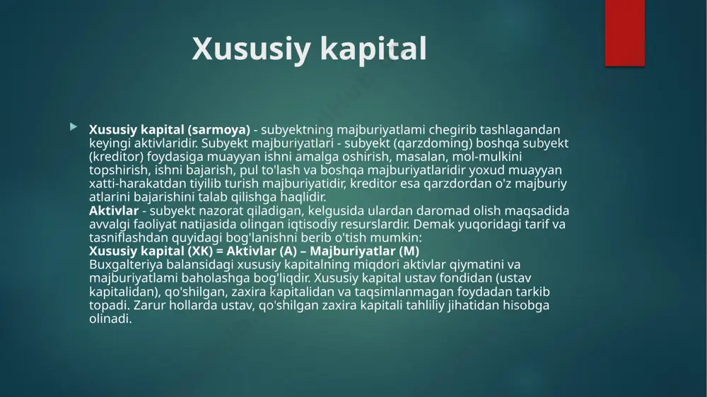 rlar koʻpincha maqsadli risklarning turli turlarini diversifikatsiya qilish, qoʻshimcha investor maʼlumotlari va malakalarini birlashtirish va kelajakdagi bitimlar oqimini koʻpaytirishni oʻz ichiga olgan imtiyozlarga erishish uchun oʻz bitimlarini boshqa xaridorlarga sindikatsiya qiladi.[6] xususiy sarmoyadagi umumiy investitsiya strategiyalariga kaldıraçli sotib olish, venchur kapital, oʻsish kapitali, qiyin investitsiyalar va mezzanine kapital kiradi. oddiy levered-sotib olish operatsiyasida xususiy kapital firmasi mavjud yoki etuk firmaning aksariyat nazoratini sotib oladi. bu investorlar (odatda venchur kapital firmalari yoki farishta investorlar) yosh, oʻsib borayotgan yoki rivojlanayotgan kompaniyalarga sarmoya kiritadigan, lekin kamdan-kam hollarda koʻpchilik nazoratini qoʻlga kiritadigan venchur kapitali yoki oʻsish kapitaliga investitsiyalardan farq qiladi. tovar-moddiy zaxiralarni baholash quyidagi ikkita bahoning eng pasti bo‘yicha — balans tuzilayotgan sanadagi haqiqiy tannarx (sotib olish narxi yoki ishlab chiqarish tannarxi) bo‘yicha yoki bozor bahosi (realizatsiya qilishning sof qiymati) bo‘yicha amalga oshiriladi. asosiy vositalar va nomoddiy aktivlar ularning boshlang‘ich (qayta tiklanish) qiymati bo‘yicha hisobga olinadi. asosiy vositalar va nomoddiy aktivlar qiymatini hisobdan chiqarish …