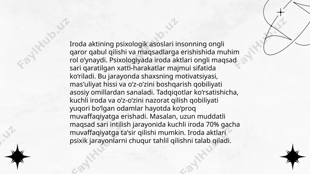 arakat qilish irodani 10% ga kuchaytirishi mumkin. muayyan maqsadlar qo‘yish va ularni yozib borish samaradorlikni 15% ga oshiradi. har kuni 8 soat uxlash esa irodani tiklashda yordam beradi. iroda nazariyalari. iroda aktining tuzilishi. irodani rivojlantirish va patalogiyasi xoshimova surayyo e'tiboringiz uchun raxmat! image1.png image2.png image3.png image4.png image5.png image6.jpg image7.png /docprops/thumbnail.jpeg