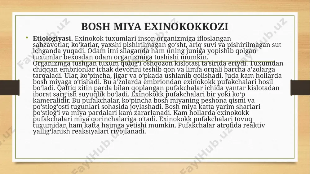 amdan-kam hollarda alohida uchraydi. deyarli har doim ichki a’zolar, ayniqsa jigar, taloq, o‘pka va yurak zararlanishlari aniqlanadi. toksoplazmalar, ko‘pincha jigar va o‘pkadan tarqaladi. ular bu to‘qimalarda uzoq yillar yashirin hayot kechirishadi. klinikasi. bosh miya toksoplazmozi klinikasi, ko‘pincha surunkali tarzda namoyon bo‘ladi. kam hollarda kasallik klinikasi o‘tkir boshlanadi. bosh miyaning surunkali toksoplazmozi, asosan, xorioependimatit (ventrikulit, paraventrikulit) va surunkali ensefalit ko‘rinishida namoyon bo‘ladi. bosh miya bilan birgalikda orqa miya ham zararlanishi mumkin. bunday paytlarda ensefalomielit yoki toksik-allergik ensefalomielopatiya rivojlanadi. ammo, ensefalitik symptomlarga qaraganda mielitik simptomlar kamroq ifodalangan bo‘ladi. bosh miya toksoplazmozida nevrasteniya, ensefalopatiya, leptomeningit va xorioependimatitlar rivojlanadi. demak, biroz yengil holatlarda faqat nevrasteniya belgilari aniqlansa, og‘ir holatlarda ensefalopatiya, leptomeningit va xorioependimatit rivojlanadi. katta o‘choqli kistalar uchun esa psevdotumoroz kechish xos. o‘tkir toksoplazmoz klinikasi o‘tkir boshlanadi. tana harorati 39–40°c ga ko‘tariladi, bosh og‘riq, bosh aylanishi, ko‘ngil aynish va umumiy holsizlik paydo bo‘ladi. o‘tkir toksoplazmoz ko‘p hollarda psixotik buzilishlar, ya’ni delirioz holatlar, kam hollarda …