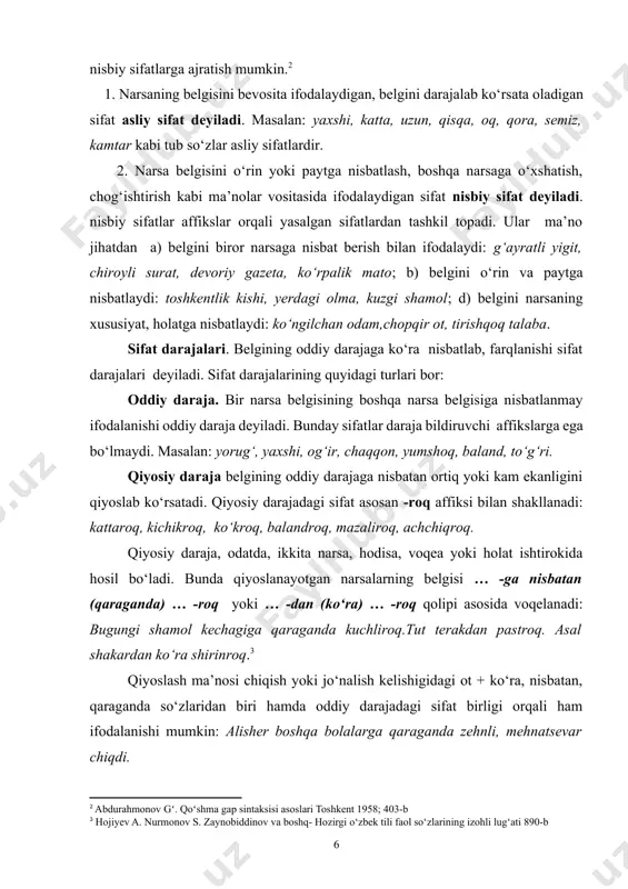 n (qaraganda) … -roq yoki … -dan (ko‘ra) … -roq qolipi asosida voqelanadi: bugungi shamol kechagiga qaraganda kuchliroq.tut terakdan pastroq. asal shakardan ko‘ra shirinroq.[footnoteref:3] [3: hojiyev a. nurmonov s. zaynobiddinov va boshq- hozirgi o‘zbek tili faol so‘zlarining izohli lug‘ati 890-b] qiyoslash ma’nosi chiqish yoki jo‘nalish kelishigidagi ot + ko‘ra, nisbatan, qaraganda so‘zlaridan biri hamda oddiy darajadagi sifat birligi orqali ham ifodalanishi mumkin: alisher boshqa bolalarga qaraganda zehnli, mehnatsevar chiqdi. ba’zan bunday ma’no –roq ko‘rsatkichili sifatning yakka o‘zi orqali ham hosil bo‘lishi mumkin: qalbdan aytilgan tashakkurdan qimmatliroq mukofot bo‘lmaydi. orttirma daraja belgining oddiy darajadan ortiq, yuqori ekanligini ifodalaydi. orttirma daraja quyidagicha usullar vositasida hosil bo‘ladi: 1. fonetik usul: a) sifatning bosh qismi va oddiy darajadagi shaklning maxsus takrori orqali: ko‘m-ko‘k, dum-dumaloq, yam-yashil, oppa-oson, teppa-teng; b) sifat tarkibidagi unlini cho‘ziq talaffuz qilish orqali: baaland, achchiq. 2. leksik usul: a) sifat oldidan eng, juda, g‘oyat, g‘oyatda, nihoyatda, behad, biram, tim, naq, cheksiz kabi …