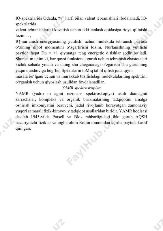 magnit xossali yadrolarning turli kimyoviy qurshovlardahar xil chastotalardagi radio tolqinlarini yutib, signallar berishi kuzatiladi. oqibatda kimyoviy jihatdan ekvivalent, ammo fazoviy va magnit qurshovi turlicha bomgan noekvivalent yadrolarning signallari molekula tarkibidagiboshqa magnit xususiyatli yadrolar soni va tabiatiga muvofiq o‘ta nozik strukturani hosil qiladi. ya’ni molekuladagi yadrolarning o‘zaro spin-spin ta’siri oqibatida signallar yig‘indisi (majmuasi) - yamr spektrlari olinadi. hosil bo‘lgan spektrdagi signallarning intensivligi (signal cho‘qqilarining yuzasi) molekula tarkibidagi har qaysi guruh magnitli yadrolari soniga to‘g‘ri proporsionaldir. bu spektrlar yordamida birikmalarning fazoviy tuzilishi organik modda m oiekulalarining reaksiya jarayonidagi yoki eritmadagi dinamikasi haqidagi m uhim ma’lumotlar olinadi. yamr usuiining dastiabki yutug‘i vodorod yadrosi ('h ) spektrlarini yamr usuiining dastiabki yutug‘i vodorod yadrosi ('h ) spektrlarini statsionar holatdaqayd qilish bilan belgilanadi vabujarayon, odatda, svip-spektroskopik usul deyiladi. organik moiekulalar tarkibidagi boshqa magnitli yadrolarga nisbatan vodorod izotopining (' h) yadrosi - proton tabiatda juda katta miqdorda (99.98 %) bomib, ular kuchli intensivlikka ega bo‘igan signallar beradi. …