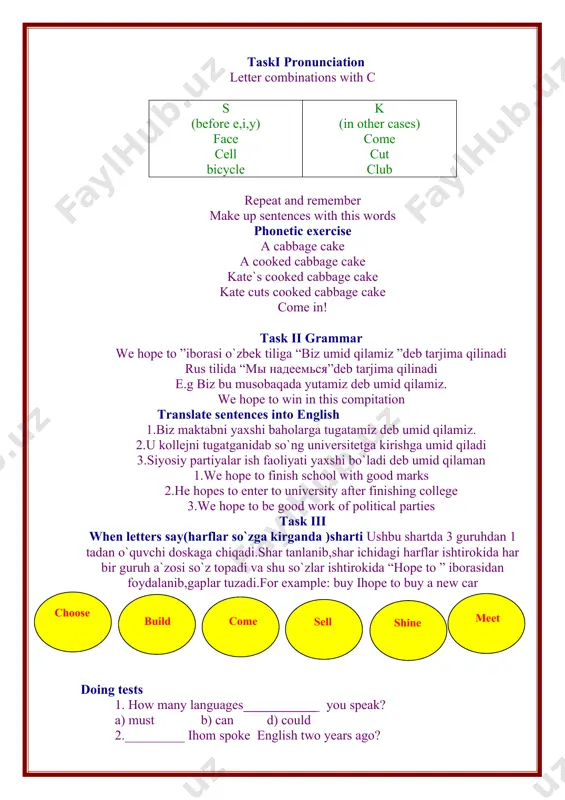 tence choose appropriate tense form 9. he… … in kiev five years ago. a) lives ; b) lived ; c) live; d) living ; 10. … it … right now ? b: no, …. a) was … rainng / it wasn’t b) is … raining/ it isn’t c) do... like /i don’t/like d) do... liked /i didn’t /liked choose approoiate pronoun 11. ... name is sasha, ... is 16 years old . a) his /she b) herv / he c) his /he d) him / he 12. what is your name? a) my name are vohidov. b) my name was vahidov . с) your name are karim. d) my name is mahmudov. e)our name is isroil. 13. when were you born? a) you are born yesterday. b) he is born on monday c) i am born 1978. d) i was born 1977. 14. where do your parents live? a) my …