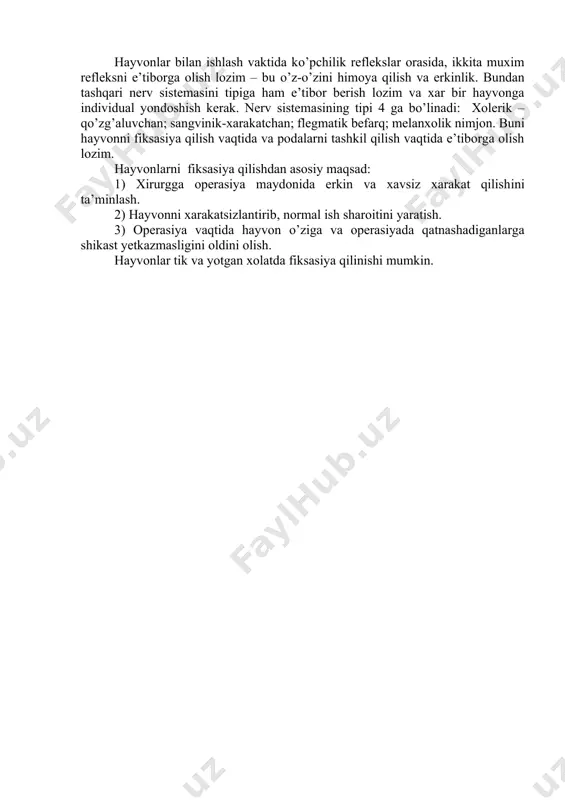 dan ruxsat olish kerak va operasiyani rejasi tuziladi. barcha xirurgik operasiyalar ikki turga bo’linadi: qonli va qonsiz. maqsadi buyicha: davolash, diagnostik, iqtisodiy, eksperimental. davolash operasiyalar o’tkazilishiga karab: favkulotda tez va rejali ravishda olib boriladi. xususiyatiga qarab: radikal va polliativ. bundan tashkari: aseptik, septik, plastik, kosmetikalarga bo’linadi. operasiyaning tarkibiy qismi 3 etapdan iborot: 1. operasiyaga yo’l ochish (kirish) – bunda kesim o’tkazilib patologik jarayonga yoki organga yo’l ochib boriladi. 2. operasiyani o’tkazish (bajarishi) – organ yoki to’qimadagi patologik jarayonni qisman yoki to’liqcha olib tashlash, bunda uni funksiyasini buzmaslikga intilish kerak. «xirurg fiziologik fikrlab, anatomik operasiya qilishi kerak». 3. yakuniy boskich – choklash, drenaj, bog’lam qo’yish. operasiya o’tkazish uchun qulay sharoitlar yaratish va yaxshi natija olish uchun kasal hayvonni operasiyaga tayyorlash lozim. bunning uchun uning umumiy klinik ko’rsatkichlari tekshiriladi xarorati, nafas olish va yurak urishi tekshiriladi. organizmning hayotiy muxim sistemalari tekshiriladi, teri kasalliklari bor-yuqligi aniqlanadi. operasiya o’tkazilgandan keyin jarohatni bitishini tezlashtirish uchun …