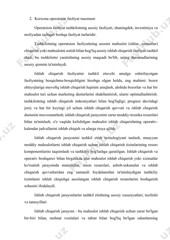 i. avtomatlashtirilgan texnologik jarayonlar ishchi nazorati ostida mashinalar tomonidan amalga oshiriladi. natijada, tegishli yordamchi operatsiyalarni bajarish mumkin. avtomatik texnologik jarayonlar tashkilot xodimlari ishtirokisiz asbob-uskunalar yordamida oldindan ishlab chiqilgan ishlab chiqarish dasturiga muvofiq amalga oshiriladi. ishlab chiqarish jarayoni va uning individual operatsiyalari makon va vaqtda to'g'ri tashkil etilishi kerak. bu ishlab chiqarish jarayonini rejalashtirish va shakllantirishda muayyan asosiy tamoyillarga rioya qilishni talab qiladi. ishlab chiqarish jarayonini tashkil etish tamoyillariga ixtisoslashuv, mutanosiblik, parallellik, to'g'ridan-to'g'ri oqim, uzluksizlik, ritm, avtomatizm, moslashuvchanlik, gomeostatiklik kiradi. ixtisoslashuv printsipi ishlab chiqarish jarayoni tarkibiy qismlarining minimal xilma-xilligini, birinchi navbatda, tashkilotning har bir sohasidagi mahsulot turlarini, shuningdek ish joylarida bajariladigan ishlab chiqarish operatsiyalari turlarini kamaytirishni anglatadi. proportsionallik printsipi ishlab chiqarish jarayonining barcha qismlarida, bo'linmalar va mashinalarning o'zaro bog'liq bo'lgan butun tizimida o'tkazuvchanlik qobiliyatini, ya'ni ishlarni bajarish va mahsulotlarni chiqarish uchun bir xil qobiliyatlarni kelishib olishni talab qiladi. parallellik printsipi individual operatsiyalar va texnik jarayonlarning bir vaqtning o'zida bajarilishini ta'minlaydi. to'g'ridan-to'g'ri …