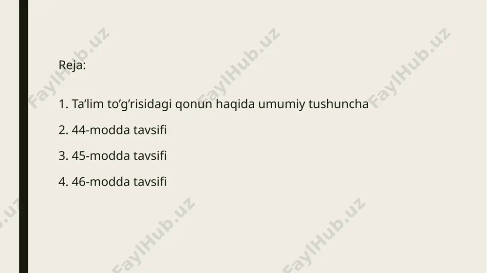 bilan shug'ullanish huquqiga ega hisoblanishadi. 45-modda tavsifi. 45-modda. pedagog xodimlarning maqomi va ular faoliyatining kafolatlari deb nomlanadi. ushbu moddada pedagog xodimlarining maqomi jamiyat va davlat tomonidan tan olinishi, xodimlar davlat tomonida ijtimoiy qo’llab quvvatlanishi, ularning ijtimoiy maqomi va obro’sini oshirish uchun tashkiliy – huquqiy shart-sharoitlar yaratib berilishi, shuningdek o’z huquq va qonun manfaatlarini amalga oshirish uchun kafolatlar berilishi belgilab qo’yilgan. qonunda keltirib o'tilganidek ta'lim tashkilotlari pedagog xodimlarining huquqlari, sha'ni, qadr-qimmati va ishchanlik obro'si davlat himoyasi ostida bo'ladi. ta'lim tashkilotlari pedagog xodimlarining kasbiy faoliyatiga aralashishga, ta'lim oluvchilarning bilimlarini to'g'ri va xolis baholashga ta'sir ko'rsatishga, shuningdek ushbu pedagog xod imlarning xizmat majburiyatlarini bajarishiga to'sqinlik qilishga yo'l qoyilmaydi. pedagog xodimlar quyidagi huquqlarga ega: o’z sha'ni, qadr-qimmati va ishchanlik obro'sini himoya qilish, o'qitish uslubiyotini ishlab chiqish, shuningdektegishli o'quv fanlari, kurslari, modullaridan foydalanish, ijodiy faollik ko'rsatish; zamonaviy pedagogik shakllarni, o'qitish va tarbiya vositalarini, usullarini erkin tanlash hamda ulardan foydalanish va shu kabilar. pedagoglar kasbiy faoliyatini …
