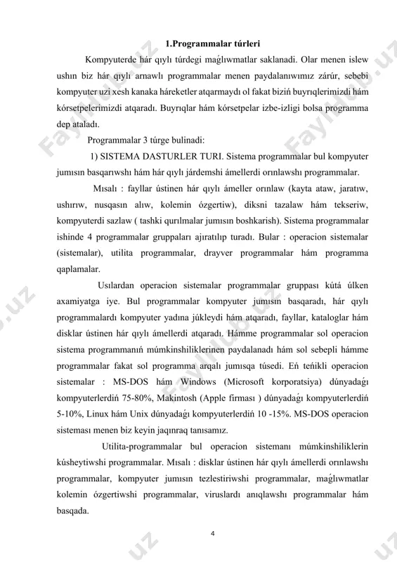 malar sistemalar uziga bir neshe programmanı jıynaǵan bolıp bular : programmalastırıw tili redaktorı, translyator, komplyuter hám basqa járdemshi programmalar. bunnan tısqarı hámme programmalar pulliy, biypul hám kisman pulli bulishi munkin. mısalı : drayverlar tiykarlanıp biypul yamasa kisman pullı boladı, ataqlı bulmagan firmalar programmaları xam biypul eki kisman pulliy boladı, teńikli firmanıń ónimi bolsa pulliy. biypul programmalar tiykarlanıp múmkinshilikleri qısqartılǵan túrde boladı. hár bir programma uzınıń nomerine iye. bul nomer versiya dep ataladı. versiyalar tiykarlanıp rakamlar menen kuyiladi hám aqırǵı payıtlarda, programma chikkan jılı buyicha kuyiladi. mısalı windows 95 eki windows 98 eki windows 2000. hár bir jańa versiyalı programma, aldınǵı versiyalardan qolaylıqlar hám múmkinshilikleri kup bulgani menen eki kompyuterge talapları uzgargani menen parqlanadı. 2. operacion sistema jáne onıń túrleri operacion sistema 1. operacion sistema túsinigi operacion sistema – kompyuter jumısqa túsiriliwi menen júkleniwshi sonday bir programmaki, bul programma paydalanıwshına exm menen baylanıs etiw quralı bolıp xızmet etedi, onıń barlıq qurılmalari …