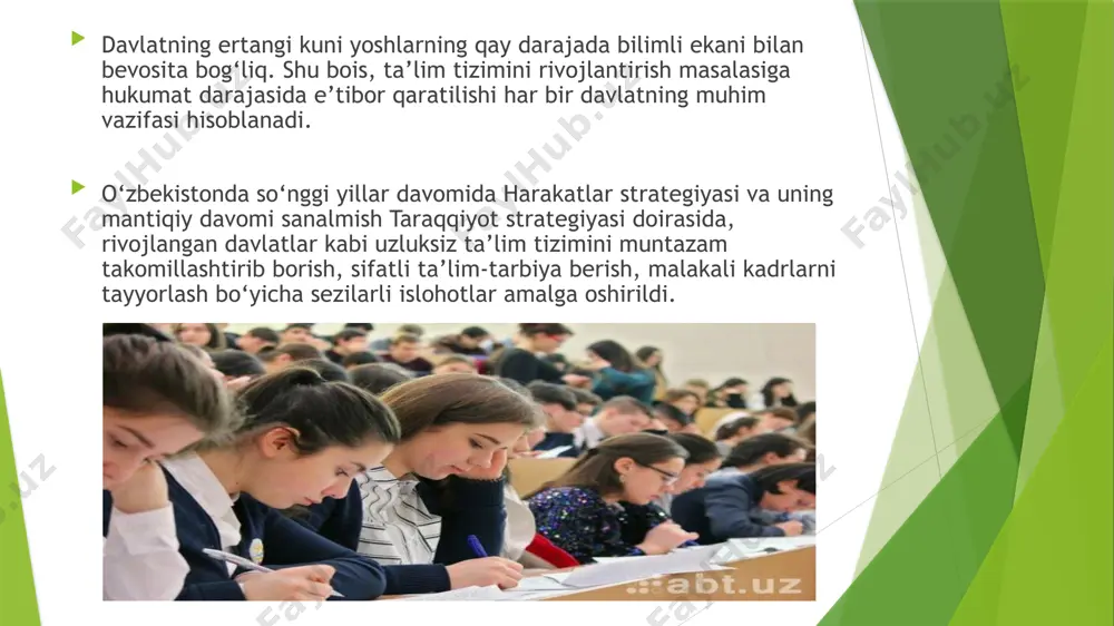 . uzluksiz ta'lim tizimi va turlari. maktabgacha ta'lim. umumiy o'rta ta'lim. o'rta maxsus, kasb-hunar ta'limi oliy ta'lim oliy o'quv yurtidan keyingi ta’lim kadrlar malakasini oshirish va ularni qayta tayyorlash maktabdan tashqari ta’lim 7. kadrlar tayyorlash tizimida fan 8. kadrlar tayyorlash tizimida ishlab chiqarish xulosa inson kapitali sifatini oshirmasdan turib, keyingi iqtisodiy o‘sishni ta’minlash qiyin kechadi. shu bois, zarur kuch va resurslarni ta’lim sifatini oshirishga, malakali kadrlar tayyorlashga yo‘naltirish nafaqat bugun, balki ertaning ham ustuvor vazifasiga aylanmoqda. shu boisdan ham, har bir mamlakat erkin va farovon jamiyat qurishga intilar ekan, bu yo‘ldagi ulug‘vor maqsad va vazifalarini, avvalo o‘z konstitutsiyasida mustahkamlaydi. bunga esa, aslo shubha yo‘q. https://abt.uz/ strategy.uz tiiame.uz e’tiboringiz uchun rahmat image1.jpg image2.jpg image3.jpg image4.jpg image5.png image6.png image7.png /docprops/thumbnail.jpeg