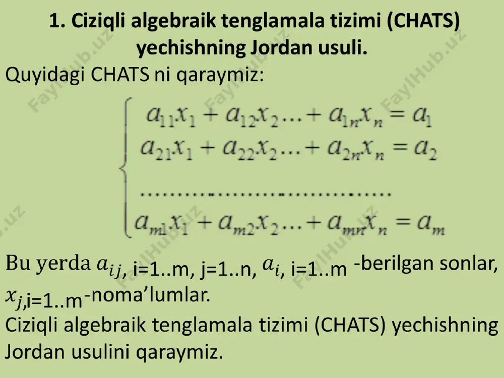 - x2ga,…, n-tenglamani - xn ga nisbatan yechamiz. natijada quyidagi sistemani hosil qilamiz: x1=β1 -α12x2 - α13x3 - ... - α1nxn x2=β2 - α21x1 - α23x3 - ... - α2nxn xn=βn - αn1xn - αn3x3 - ... - αnn-1xn-1 (2) bu yerda βi=bi/aii; αij=aij/aii i≠j; αii ≠0, i=1,…n. (2) sistema matritsa ko`rinishida quyidagicha yoziladi: x=β-αx sistemani ketma-ket yaqinlashish usuli yordamida yechamiz. x0=β bo`lsin. u holda quyidagini hosil qilamiz: x1=b - α x0 x2=b - α x1 .... xk+1=b - α xk quyidagi chats uchun yaqinlashish sharti bajariladi. almashtirishlar yordamida sistemani quyidagi ko`rinishga keltiramiz: x1=0.5-(0.2x2-0.1x3) x2=-4.07-(0.33x1+0.17x3) (*) x3=3-(0.0833x1-0.25x2) boshlang1`ich qiymatni quyidagicha olamiz n=1. ushbu qiymatlarni (*) tenglamalar sistemasining chap tomoniga qo`yamiz: x1=0.5 - 0 • 0.2 - 0 • (-0.1)=0.5 x2=-4.07 - 0 • 0.33 - 0 • 0.17=-4.07 x3=3 - 0 • 0.0833 - 0 • (-0.25)=3 10x1+2x2-x3=5 33x1+100x2+17x3=-407 (*) 833x1-2500x2+1000 0x3=30000 . n=2 x1=0.5 - (-4.07) • 0.2 - …