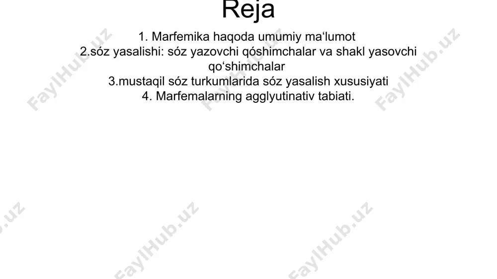 intaktik shakl yasovchi qóshimcha sanaladi. marfemalarning agglyutinativ xususiyati ózbek tili morfologik jihatdan agglyutinativ tillar qatoriga kiradi. bunibquyidagilar orqali korishimiz mumkin: 1.qóshimcha qóshish orqali; gul+ zor, bor+a+man, 2.grammatik ma‘no ( esda saqlang grammatik shakl bu grammatik qóshimchaning ózidir) kitoblarimga sòzida 3ta grammatik shakl mavjud: -lar ( ko‘plik ma‘nosi), - im( egalik), - ga ( kelishik) 3.grammatik shaklar qóshilishi natijasida sózning fonetik tarkibibózgarmaydi sóz yasalish usullari. 1.affiksatsiya - morfologik- yasashga asos qismga qo‘shimcha qo‘shish orqali 2 kompozitsion - sintaktik- sózlarni qòshish orqali sóz yasash usuli affiksatsiya usuli bilan yasalidigan sóz turkumlari- ot, sifat, fe‘l, ravish ot - sinfdosh, ģallakor, terim, kórik, sifat- sayroqi, sersuv, unumli, guldor, gulsiz fe‘l- óyna, suvsa, birik, gapir, gulla, jarangla, zavqlan ravish-mardlarcha, kilolab, òzicha, yoppasiga, butunlay, majburan kompozitsion ususl bilan esa barcha sóz turkumlarini yasash mumkin.bu suslda qóshma sózlar hosil qilinadi. ( toshbaqa,otboqar) gapda nechta yasama sóz bor deganda har ikkala usul bilan yasalgan sózlar ham olinadi. mavzu …