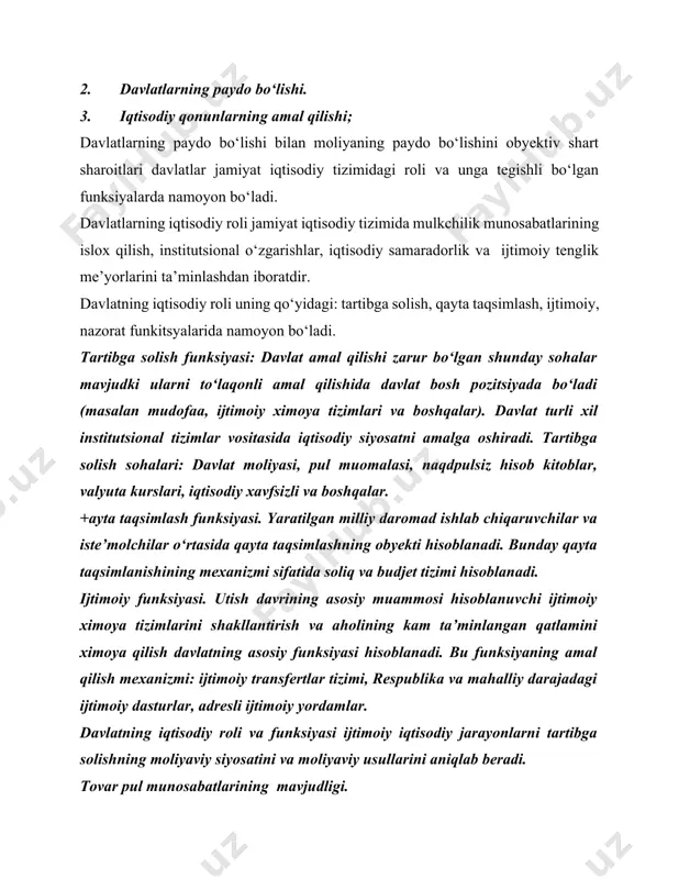 bo\likdir. masalan, 1995 yildan xo‘jalik subyektlarining davlat budjeti bilan o‘zaro munosabatlarida foydani taqsimlanishining davlat budjeti daromadlariga foydadan ajratma shakliga o‘tildi. xo‘jalik islohotlari sharoitida bu munosabatlar 3 shaklda namoyon bo‘ldi ya’ni: ishlab chiqarish fondlariga ajratmalar, fiksirlangan (renta) to‘lovlari; foydaning erkin qoldi\idan budjetga badallar. bozor iqtisodiyoti sharoitida esa bu munosabatlar soliqlar vositasida amalga oshiriladi. yuqoridagilarga asoslangan holda shuni ta’qidlash joizki, moliyaning iqtisodiy mohiyati masalasi mazkur kategoriyaning ichki mazmunini aniqlovchi 2 nazariya amal qiladi: 1. taqsimlash nazariyasi tarafdorlari. 2.takror ishlab chiqarish nazariyasi tarafdorlari. taqsimlash nazariyasi tarafdorlari tasdiqlaydiki, moliya ijtimoiy takror ishlab chiqarish jarayonining 2 boskichida paydo bo‘ladi, ya’ni yalpi ichki mahsulot qiymatini taqsimlash va qayta taqsimlash jarayonida vujudga keladi. takror ishlab chiqarish nazariyasi tarafdorlari esa moliya takror ishlab chiqarish kategoriyasi sifatida takror ishlab chiqarish jarayonining barcha bosqichlarida namoyon bo‘ladi deb ta’kidlaydilar. iqtisodiy qonunlarning amal qilishi. asosiy iqtisodiy qonunlar: qiymat qonuni, pul muomalasi qonuni, talab va taklif qonuni. +iymat qonuni. tovar qiymati uni shakllantirish …