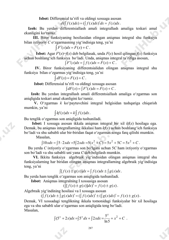 suli * o‘zgaruvchilarni almashtirish usuli * bo‘laklab integrallash usuli * kvadrat uchhadli integrallar takrorlash uchun savollar 1. elementar funksiyalarning integrali har doim ham elementar funksiyadan iborat bo‘ladimi? 2. elementar funksiyalar orqali ifodalanmaydigan integrallarga misol keltiring. 3. yoyish usulida integral qanday hisoblanadi? 4. integralni yoyish usulida hisoblashga misol keltiring. 5. diffеrеnsial ostiga kiritish usulining mohiyati nimadan iborat? 6. diffеrеnsial ostiga kiritish usulining tatbig‘iga misol ko‘rsating. 7. o‘zgaruvchilarni almashtirish usuli nimadan iborat? 8. almashtirma deb nimaga aytiladi? 9. aniqmas integralni o‘zgaruvchilarni almashtirish usulida hisoblashga doir misol keltiring. 10. bo‘laklab integrallash formulasi qanday ko‘rinishda bo‘ladi? 11. bo‘laklab integrallashda qanday hollar bo‘lishi mumkin? 12. qanday ko‘rinishdagi aniqmas integrallarni bo‘laklab integrallash usulida hisoblash mumkin? 13. kvadrat uchhadli i1 integral qanday ko‘rinishda bo‘ladi? 14. kvadrat uchhadli i1 integral qanday hisoblanadi? 15. kvadrat uchhad qatnashgan i2 integral qanday ko‘rinishga ega? 16. kvadrat uchhad qatnashgan i2 integral qanday hisoblanadi? 17. kvadrat uchhadli i3 integral qanday hisoblanadi? 18. kvadrat …