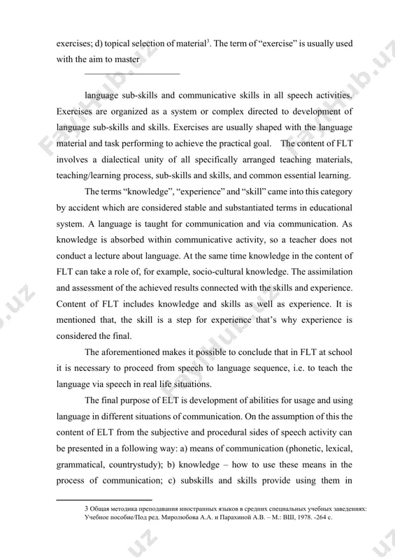 unicative activity, so a teacher does not conduct a lecture about language. at the same time knowledge in the content of flt can take a role of, for example, socio-cultural knowledge. the assimilation and assessment of the achieved results connected with the skills and experience. content of flt includes knowledge and skills as well as experience. it is mentioned that, the skill is a step for experience that’s why experience is considered the final. the aforementioned makes it possible to conclude that in flt at school it is necessary to proceed from speech to language sequence, i.e. to teach the language via speech in real life situations. the final purpose of elt is development of abilities for usage and using language in different situations of communication. on the assumption of this the content of elt from the subjective and procedural sides of speech activity can be presented in a following …