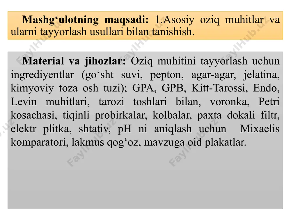 yvonlar oqsili. tog‘ay va suyaklarni qaynatib olinadi, azotli nordon mahsulot. oziq muhitlar kelib chiqishi, konsistensiyasi, ishlatilishi bo‘yicha klassifikatsiyalanadi. kelib chiqishi bo‘yicha tabiiy, sun’iy va sintetik oziq muhitlar farqlanadi. tabiiy oziq muhitlar hayvonot va o‘simlik mahsulotlaridan (go‘sht, sut, tuxum, qon zardobi, sabzavotlar, kazein va boshqalardan) tayyorlanadi. sun’iy oziq muhitlar hayvonot va o‘simlik mahsulotlari, mineral tuzlardan tayyorlanadi (gpb, gpa, gpj). sintetik oziq muhitlar tarkibi aniq nisbatlarda olingan kimyoviy toza moddalar– aminokislotalar, uglevodlar, vitaminlar, mineral tuzlardan tayyorlanadi. (saburo, chapek muhitlari). konsistensiyasi bo‘yicha oziq muhiti suyuq, zich, yarim suyuq va quruq bo‘lishi mumkin. suyuq muhitlarga gpb, peptonli suv, sut va h.k.lar kiradi. oziq muhiti zich bo‘lishi uchun gpbga 2-3 %, yarim suyuq bo‘lishi uchun 0,15-0,7 % agar-agar qo‘shish lozim. gpj tarkibida 20% jelatina bo‘lishi kerak. hozirgi vaqtda har xil miqdorda ishlatiladigan ko‘pgina oziq muhutlar quruq holda ishlab chiqiladi. quruq oziq muhit qopqog‘i zich berkitiladigan shisha idishlarda sotiladi (uglevodlar va ko‘p atomli spirtlar bo‘lgan gissa …