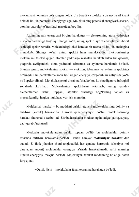 nergiyasi ortadi, bu esa ularning harakatining tezlashishiga olib keladi. xususiyatlari: · harorat oshgani sari molekulalar tezroq harakat qiladi. · modda holatiga qarab harakat turi o‘zgaradi. · issiqlik harakati orqali ichki energiya uzatiladi. · termodinamikaning birinchi qonuniga ko‘ra, ichki energiya faqat molekulalar harakati orqali o‘zgaradi. masalan, metall tayoqni isitganimizda molekulalar kuchliroq tebranadi va bu tebranish energiyasi boshqa molekulalarga uzatiladi – bu issiqlikning o'tkazilishi natijasidir. issiqlik harakati – bu zarrachalarning ichki kinetik harakati bo‘lib, uning miqdori haroratga bevosita bog‘liq. molekulalarning harakati kuchaygan sari moddaning ichki energiyasi ham ortadi. bu jarayonni quyidagi formulalar orqali ifodalash mumkin: bu yerda: · ek​ – bir molekulaning o‘rtacha kinetik energiyasi, · kkk – boltsman doimiysi (1.38×10-23 j/k · ttt – mutlaq harorat (kelvinlarda). demak, harorat ortsa – harakat kuchayadi, energiya ortadi. bu hodisa barcha issiqlik jarayonlarining asosi hisoblanadi. 1.2. molekulyar kinetik nazariyaning asosiy postulatlari. diffuziya (lotincha: diffusio — singish, tarqalish) — molekulalar, atomlar, ionlar va kolloid zarralarning …