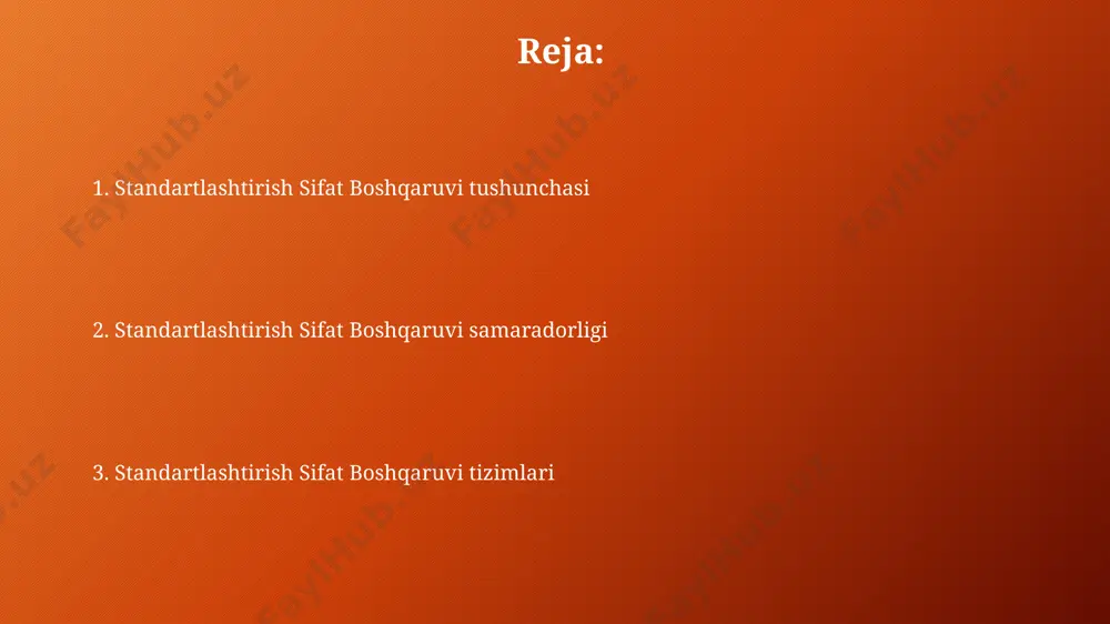 ersiyalari, masalan, iso 9001:2015 va 2020 yilgi versiyalari, risklarni boshqarish va doimiy takomillashtirishga katta e'tibor qaratadi, bu esa tashkilotlarning ishlash samaradorligini yaxshilashga yordam beradi. iso 9001 standarti sifat menejmenti tizimini sertifikatlash uchun xalqaro tan olingan mezon bo'lib, uning 8 ta asosiy printsipi va 10 ta bo'limi kompaniyalarga samarali jarayonlarni o'rnatishga yordam beradi. sifat boshqaruvi tizimlari sifat boshqaruvi tizimlari iso 9001 standartiga muvofiq sertifikatlangan korxonalarda 30% ga yaqin xatoliklarni kamaytirishga yordam beradi va bu samaradorlikni oshirishga olib keladi. xalqaro standartlarga muvofiq sifat boshqaruvi tizimlarini joriy etish, mahsulotlarning sifatini 15-20% ga yaxshilash va mijozlarning qoniqish darajasini oshirishga imkon beradi. muvaffaqiyatli standartlashtirish misollari avtomobil ishlab chiqarishda global standartlarning joriy etilishi tufayli avtomobil qismlarining mosligi 99,9% ga yetgan va xavfsizlik ko‘rsatkichlari sezilarli darajada yaxshilangan. iso 9001 standartini muvaffaqiyatli qo‘llagan kompaniyalar mahsulot sifatini 30% ga oshirgan va xarajatlarni 15% ga kamaytirgan holda bozor ulushini kengaytirishga erishgan. standartlarga muvofiqlikni ta'minlash standartlarga muvofiqlikni ta'minlash iso 9001 kabi …