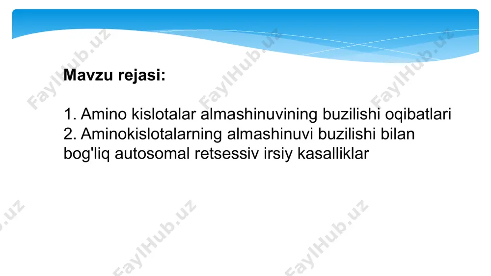 yrilib qarashmaydi. kasallikning boshlang‘ich belgisi qusishdan iborat. bolaning 2,5 yoshdan boshlab boshqalarga nisbatan o‘sishining to‘xtashi ravshanroq bilinadi, bola tuyg‘usi (emotsiya) pasayadi. ular hech narsa bilan qiziqishmaydi, diqqatlari susayadi, ota-ona va boshqa bolalarga intilishmaydi, jismoniy rivojlanishlari ham pasayadi. kasal bolalarning o‘tira olishi yoki turishi, yura boshlashi tengdoshlariga qaraganda ancha kechikadi. bunday bolalarda tish chiqishi 11— 12 oylargacha kechikadi. fenilketonuriya bilan kasallangan bolalarda muskul tonuslari oshib ketishi sababli, gavda tuzilishi buziladi, jumladan, qo‘llari bukilib, oyoqlari egilib qoladi. bemorning yurishi qiyinlashadi, mayda qadam tashlab, tez-tez qoqilib yurishadi. bunday hol ustiga yana tutqanoq xastaligi qo‘shiladi. kasallik nasldan naslga autosom-retsessiv tipda o‘tadi. davolash yaxshi natija beradi. hozirda bu kasallikni aniqlashda mikrobiologik gatri test usuli qo‘llaniladi. bunda bemor bola qoni b — fenilalaninning ingibitori qo‘shilgan muhitga solinadi va undagi bakteriyalarni o‘sishiga qarab kasallik aniqlanadi. bemor doimiy biokimyoviy tekshiruv nazoratida bo‘ladi. davosi: diyetoterapiya. fenilalanin miqdori kamaytirilgan uglevod, ma'danli tuz, darmondorilarga boy parhez buyuriladi. albinizm bu kasallik tirozin …