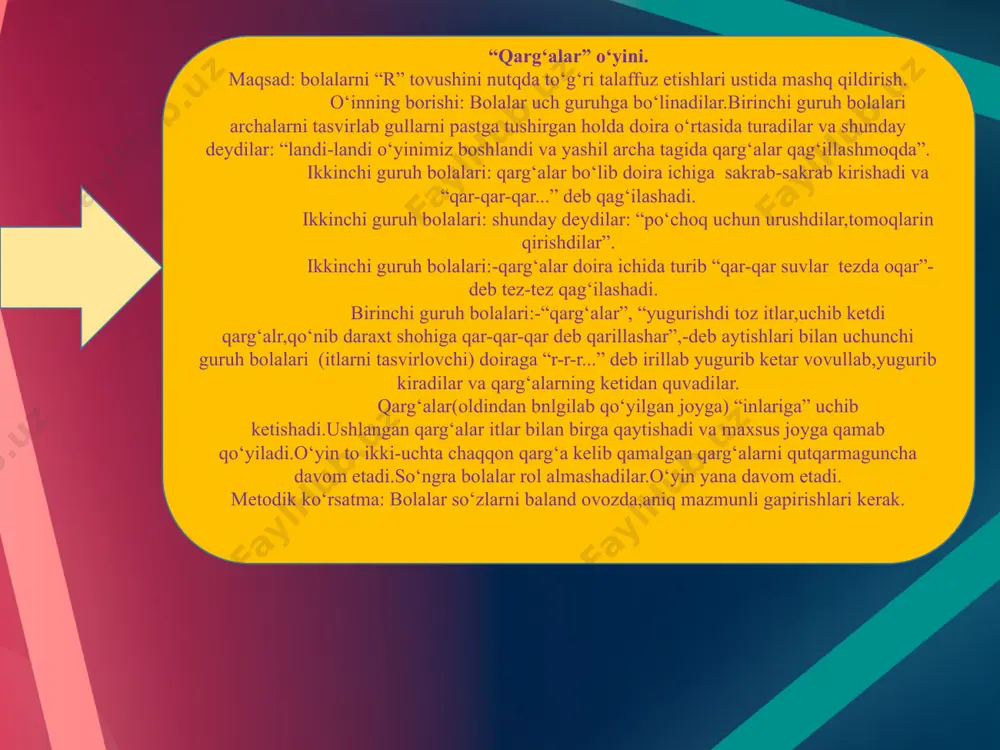 ining”.bolalar bu xarakatni bajaradilar,tishlar oralig‘ida “l” tovushi xosil bо‘ladi.bolalar l-l-l deb bir necha bor takrorlaydilar.tarbiyachi va bolalar bu mashqni ketma ket takrorlaydilar. metodik kо‘rsatma: bolalarga eng baland masofada о‘chib ketayotgan samolyotning ovozi “l”tovushiga ushshash ekanligini esatib о‘tish lozim. “samolyot” о‘yini. maqsad: “r”-“l” tovushlarini farqlash. о‘yinning borishi: logoped bolalarga murojat qiladi.bolalr hozir biz sizlar bilan “samolyot” о‘ynini о‘ynaymiz. hozir biz sizlar bilan samolyot matorini yurg‘izamiz “r-r-r”. bolalar mator tovushiga taqlid qiladilar va qо‘llari bilan harakat qiladilar.mator о‘t oldirilib samolyot baland-balandlarga uchib ketadi.motor ovozi sekinlashib guvilagan ovoz eshitiladi “l-l-l”.bolalar ketma-ket r-r-r va l-l-l tovushlarini talaffuz etadilar. image2.jpeg image3.jpeg image4.jpeg image1.jpeg /docprops/thumbnail.jpeg