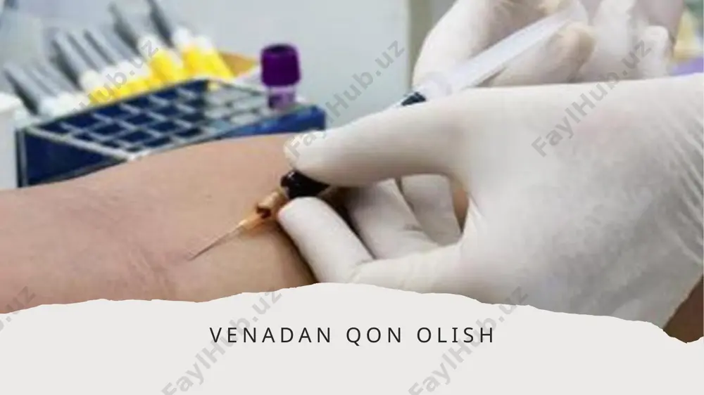 adan qon olish ba’zi hollarda noqulaylik tug‘dirsa-da, uning sog‘liq uchun katta foydasi bor. to‘g‘ri amalga oshirilgan qon olish jarayoni kasalliklarni erta bosqichda aniqlash va davolashda katta yordam beradi. shu sababli, bu amaliyot tibbiyotda eng muhim diagnostik vositalardan biri hisoblanadi. 6 заголовок презентации 7 1. bemorni tayyorlash shifokor yoki hamshira bemorni qon olish jarayoni haqida xabardor qiladi, qanday maqsadda qon olinayotgani tushuntiriladi. bemorning roziligi olinadi va qo‘rquv yoki tashvishlarni yengillashtirish uchun qisqacha ma’lumot beriladi. bemor qulay holatda o‘tirishi yoki yotishi kerak, chunki qon olish jarayonida bemorning tana holati ahamiyatga ega. 7 tartiblari 8 8 2. qo‘lning tayyorlanishi qonni olish uchun kerakli joy tanlanadi. odatda, tirsakning ichki tomoni yoki bilak sohasidagi katta venalar ishlatiladi, chunki bu joylar venalar eng aniq ko‘rinadigan va oson topiladigan joylar hisoblanadi. qo‘lni yuvish va antiseptik ishlatish. qo‘l terisi tozalanadi va dezinfeksiya qilinadi. bu qadam infektsiyalarning oldini olish uchun muhimdir. 3. venani ko‘rsatish (turniket qo‘yish) rezina bog‘ich (turniket) …