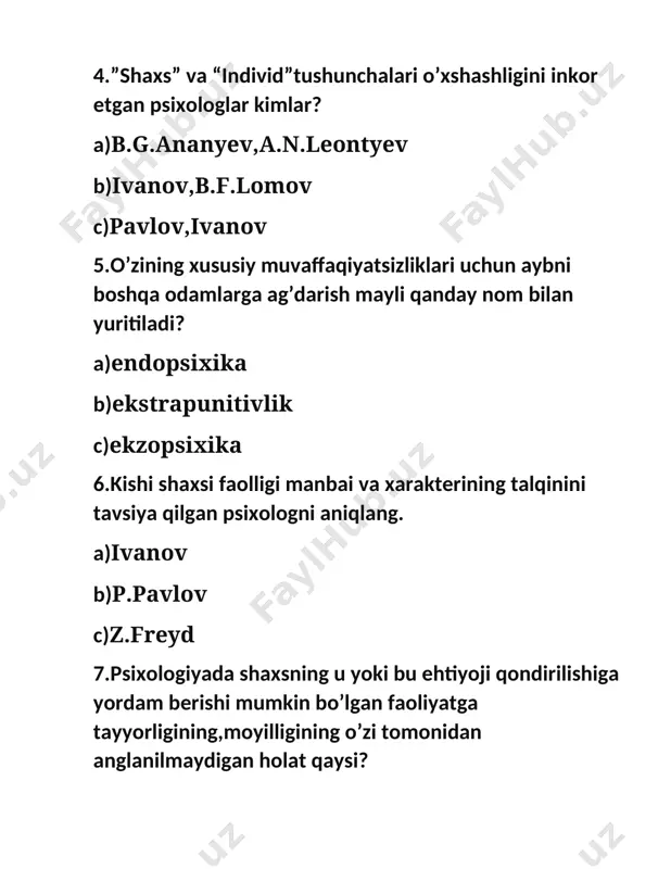 nligi fikridan voz kechgan? a)neofreydchilar b)freydchilar c)z.freyd 14.”o’zligini faollashtirish o’zini va faqat o’zini ro’yobga chiqarish uchun intilishdir”fikri muallifini toping. a)z.freyd b)a.maslou c)rodjers 15.kimlar o’zini faollashtirishni o’z mohiyati e’tibori bilan egosentrik jarayonga aylantirib yuborishdi? a)kovalev,lomov b)freyd,maslou c)maslou,rodjers 1 2 3 4 5 6 7 8 9 10 11 12 13 14 15 b c a a b c a c b b b c a b c shaxs mavzusida atamalar izohi. individ-bilogik alohida mavjudot. individuallik-shaxsnin yakka o’zigagina tegishli bo’lgan o’ziga xos xususiyatlari. shaxs-jamiyatda shakllangan ijtimoiy munosabatlar va ongli faoliyat egasidir. endopsixika-biologik jihat bilan bog’liq bo’lib,kishining nerv-psixik tuzilishiga o’xshash inson shaxsining ichki mexanizmlari kabi psixik qismlar va funksiyalarning o’zaro ichki bog’liqligini ifodalaydi. ekzopsixika-tashqi psixik holat bo’lib,ijtimoiy omilar bilan belgilanib kishi munosabatlarining tashqi sistemasini va uning tajribasini va boshqa belgilarini o’z ichiga oladi. e’tiqod-shaxsga o’z qarashlari,prinsiplari va dunyoqarashlariga mos ravishda yashashga imkon beradi. dunyoqarash-tartibga solingan yaxlit ongli tizimga aylantirilgan bilim,tasavvur va g’oyalar majmui. …