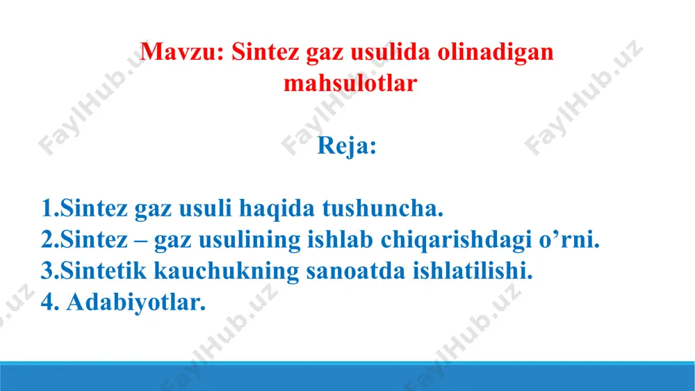 urt bo'lsa, aralashmalar inert gazlar (n2 va boshqalar) va h2s bo'lishi mumkin. sintez-gaz h2s va co2 dan selektiv eritgichlar bilan tozalanadi; co va h2 o'rtasidagi nisbat, agar kerak bo'lsa, suv bug'lari bilan uglerod oksidi konvertatsiyasini tartibga soladi.sintez-gaz tabiiy gazning oksidlovchi pirolizida maqsadli asetilen mahsuloti bilan birga olinadi. sintez-gaz yirik tonnali organik kimyoviy ishlab chiqarishda xom-ashyo hisoblanadi. metanni karbonatli konversiyalab olinadigan vodorod va uglerod (ii) oksid aralashmasi gidroformillashda, formaldegid, polikarbonatlar, dimetil efir olishda, fisher-tropsh usuli bo‘yicha uglevodorodlar sintezida ishlatiladi. metanning karbonatli konversiyasi tarkibi h2:co =1÷2 nisbatgacha bo‘lgan sinte-gaz olish imkonini beradi, bu esa birinchi nisbatda oksosintez (olefinlarni gidroformillash) jarayonini amalga oshirish uchun zarurdir. karbonat angidriddan foydalanishga qaratilgan jarayonlarning ko‘payishi gaz kimyosining rivojlanishi uchun istiqbolli yo‘nalishdir. shuning uchun turli katalizatorlarda metanni karbonatli konversiyalash jarayoni borishining asosiy qonuniyatlarini o‘rganish va yuqori faolligi hamda kokslanishining pasayganligi bilan harakterlanadigan katalitik sistemalar yaratish muhimdir. 3. sintetik kauchukning sanoatda ishlatilishi. kauchuk inson hayotining deyarli barcha sohalarida qo'llaniladigan …