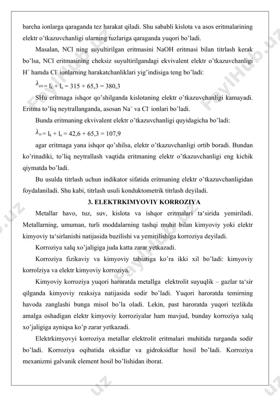 at qutbda va qaytarilish manfiy qutbda boradi, galvanik elementlarda esa aksinchadir. shuning uchun ham elektrolizda manfiy qutb katod va musbat qutb anod bo’ladi, galvanik elementlarda aksincha manfiy qutb anod, musbat qutb esa katod bo’ladi. katodda eritmadagi н3о+ ioni metalldan elektronni olib zaryadsizlanadi (qaytariladi): 2 н3о+ + е 2н2о + н2 natijada katod maydonida vodorod ajralib chiqadi. elektron metall yuzasi bo’yicha harakat qiladi va yuqoridagi reaksiya natijasida yuzadan chiqib ketadi. shunday qilib, korroziya metall yuzasidan elektron ketishi bilan boshlangan bo’ladi. demak elektr kimyoviy korroziya elektr oqimining vujudga kelishi bilan bog’liq bo’lib, korroziya tezligi elektr oqimining miqdoriga, bu esa element qutblaridagi potentsiallar ayirmasiga proportsional bo’ladi. elektr yurituvchi kuch — (eyuk) oʻzgaruvchan yoki oʻzgarmas tok energiya manbalarida tashqi (potensial) kuchlar taʼsirini ifodalaydigan fizik kattalik. oʻtkazgichdan tok oʻtishi uchun unda elektr maydon hosil qilinib saqlanadi. buning uchun tok manbai yordamida oʻgkazgich uchlarida potensiallar farqi (φ1-φ2)uzluksiz tiklab turiladi. bu esa tok orqali oqib keluvchi musbat …