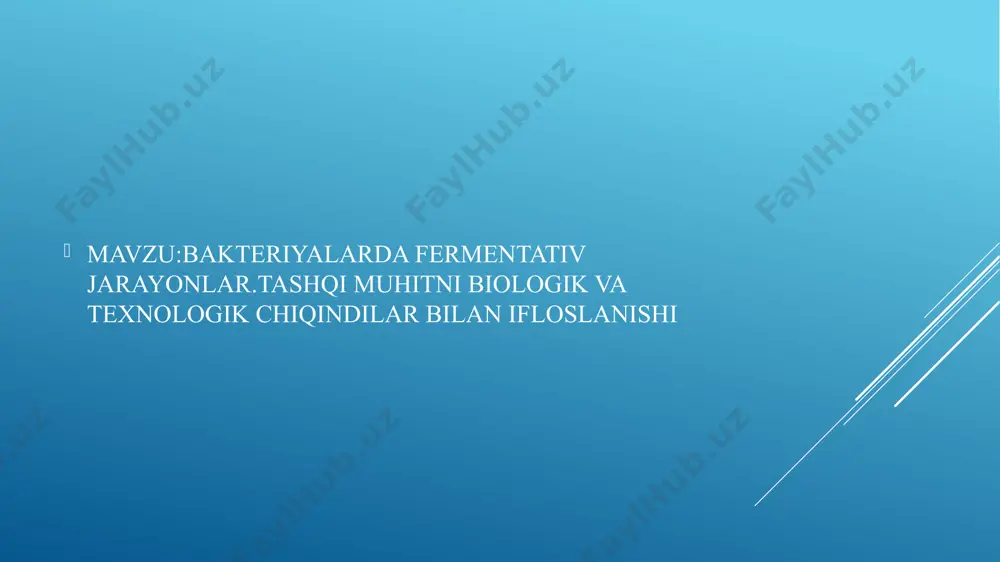 rikmalaming sintezi uchun ishlatiladi. spirtli bijg‘ish jarayonini am alga oshirish uchun ko‘proq saccharomyces avlodiga mansub achitqi zamburug‘lari (s. cerevisiae, s.elipsoideus, s.vini va h.k.) ishlatiladi. ■ spirtli bijgish ikki bosqichda amalga oshadi. birinchi bosqichda glukozadan fru k to za-l,6-difosfat hosil boiadi, keyin u 2 molekula triozani hosil qiladi; ikkinchi bosqichda 2 molekula triozadan 2 molekula piruvat hosil boiadi. spirtli bijg'ish jarayonini achitqi zamburug‘lari vujudga keltiradi. bunda shakarlar anaerob sharoitda etil spirt va karbonat angidridga aylanadi ham da energiya ajraladi: c6h 120 6 -> 2c2h 5oh + 2 c 0 2 + 2 3 5 1 0 4 kj ■ spirtli bijg‘ish jarayonida ishtirok etadigan achitqilar fakultativ anaeroblardir . achitqilar ostki va ustkilarga ajraladi. ostki achitqilar 4— 10°c da yaxshi bijg‘itsa, ustki achitqilar 18—30°c da yaxshi rivojlanadi. spirtli bijg'ish jarayonida ajraladigan energiya miqdori nafas olishdagiga nisbatan 24—25 marta kam bo‘ladi: ■ c6h l20 6 -> 2ch 3c h 2oh + 2 c …