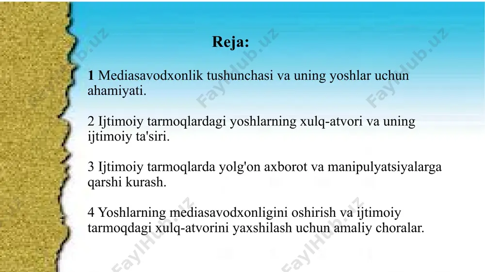 xborot vositalari orqali o‘z o‘rinlarini topishga imkon yaratadi. bularning barchasi yoshlar uchun zamonaviy dunyoda muvaffaqiyatli va mas'uliyatli fuqarolar bo‘lishiga yordam beradi. 2 ijtimoiy tarmoqlardagi yoshlarning xulq-atvori va uning ijtimoiy ta'siri. ijtimoiy tarmoqlarda yoshlarning xulq-atvori va uning ijtimoiy ta'siri bugungi kunning eng muhim masalalaridan biridir. yoshlar ijtimoiy tarmoqlarni tez-tez ishlatishadi, chunki ular uchun bu platformalar nafaqat axborot olish va do‘stlar bilan aloqada bo‘lish, balki o‘zlarini ifoda etish, fikr almashish va ijtimoiy fikrni shakllantirish vositasi hisoblanadi. ammo ijtimoiy tarmoqlardagi yoshlarning xulq-atvori ijtimoiy tizimda turli ta'sirlar yaratadi. birinchidan, yoshlar o‘zlarining xulq-atvorlarini ijtimoiy tarmoqlarda ko‘rsatishda o‘zlariga ma'lum bir identitetni yaratishga intilishadi. ko‘plab yoshlar o‘zlarini yaxshi ko‘rsatishga, boshqalarning fikriga moslashishga, va ular tomonidan tan olinishga harakat qilishadi. bu holat ijtimoiy tarmoqlarda stress va xavotirni keltirib chiqarishi mumkin, chunki yoshlar o‘zlarini doimiy ravishda baholanishi kerak deb hisoblashadi. shu bilan birga, ijtimoiy tarmoqlar yoshlarni o‘zlarini yangicha, o‘zgacha shakllarda ifoda etish imkoniyatini beradi, lekin ba'zida bu o‘zini ko‘rsatish …