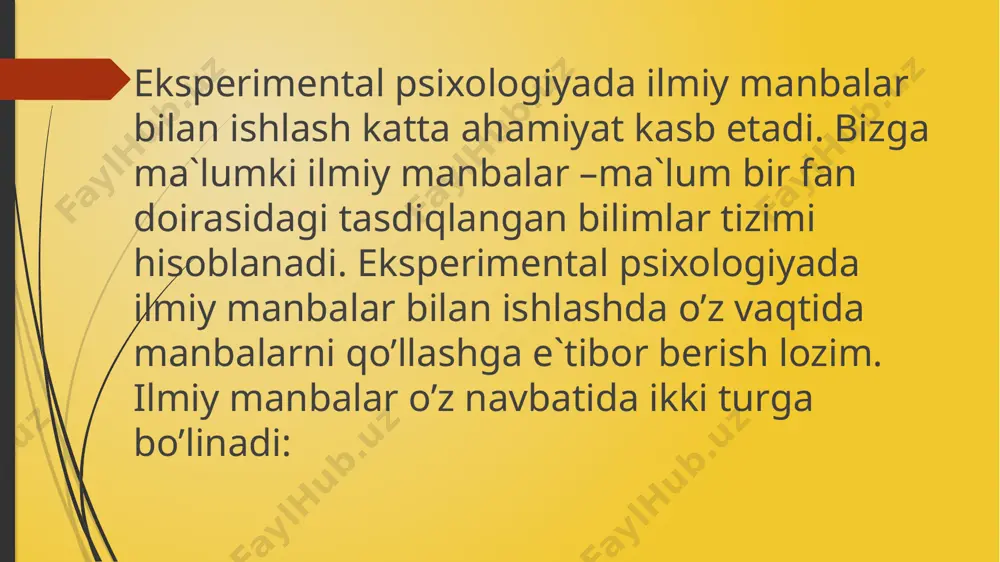 ki ular eksperimentator interpretatsiyalarining asosiy natijalarini taqdim etadilar to’liq adabiyotlar qidiruvi olib borish uchun jurnal maqolalarini ko’rib chiqish zaruriy shartlardir. bilamizki u zamon talabiga javob beruvchi ma`lumotlarni etkazadi. maqola mualliflariularning maqolalari bilimlar tizimida ma`lum bir o’rin egallashga intiladilar, ularning intilishlari ma`lum ma`noda oqlanishi mumkin, chunki shu vaqtning o’zida boshqa tadqiqotlar o’tkazilayotganini bilmaydilar. texnik hisobot texnik hisobotlar odatda psixologik adabiyotlar qatoriga qo’shilmaydilar, lekin har xil vaziyatlarda ulardan foydalanish mumki bo’ladi. agar ilmiy ish davlat ayniqsa, mudofaa vazirligi tomonidan qo’llanilayotgan bo’lsa olim texnik hisobot sifatida dokladlar qilishi kerak. bu hisobotlar jurnallardagi maqolalarga o’xshaydi, ammo unda odatda tavsilotlar ayniqsa, jarayon va tadqiqot uskunalariga taalluqli tavsilotlar ko’p bo’ladi, ba`zida dastlabki ko’rsatkichlar ham keltiriladi. ushbu proektni qo’llayotgan davlat agentligi avtomatik tarzda texnik hisobotlarni barcha shunga o’xshash tadqiqot o’tkazayotganlarga tarqatadi. taxminan jurnal muallifining 10 dan biri shunday texnik hisobotlar yozadi va shu hisobotlarni uchdan birigina e`lon qilinadi. ko’pchilik kutubxonalar texnik hisobotlarga buyurtma bermaydi, chunki bu ish …