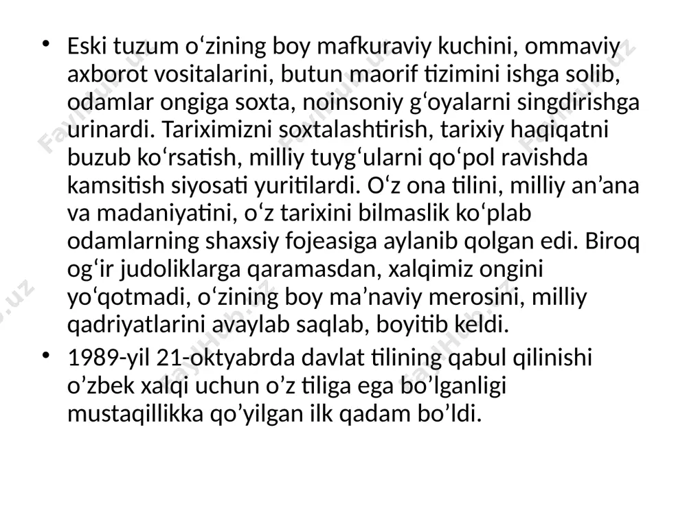 kirlarimiz yubileylari munosabati bilan ularning o‘nlab nodir va noyob asarlari o‘zbek, ingliz, fransuz, nemis, yapon va boshqa tillarda nashr etildi, haykallar o‘rnatildi, ziyoratgoh maydonlari, bog‘lar yaratildi. 1991-yilda buyuk bobomiz alisher navoiy tavalludining 550 yilligi keng nishonlandi. shu yili o‘zbekiston fanlar akademiyasi adabiyot institutiga alisher navoiy nomi berildi, alisher navoiy nomidagi davlat mukofoti ta’sis etildi. yubiley yilida buyo’q “hamsa”si va “lison ut-tayr” asarlari nashr qilindi, kinofilmlar va sahna asarlari yaratildi. 1991-yil 28-sentabr kuni toshkent shahrida barpo etilgan nizomiddin mir alisher navoiy haykali va alisher navoiy nomidagi o‘zbekiston milliy bog‘ining ochilish marosimi bo‘lib o‘tdi. 1994-yil oktabr oyida mirzo ulug‘bek tavalludining 600 yillik yubileyi tantanalari bo‘lib o‘tdi. ulug‘bek madrasasi, ulug‘bek yashagan davrdagi astronomik asboblar, toshkentdagi ulug‘bek haykali aks ettirilgan pochta markalari muomalaga chiqarildi. 1998-yil 23-oktabrda farg‘ona shahrida buyo’q alloma ahmad al-farg‘oniyning 1200 yillik yubileyi keng nishonlandi. uning noyob ilmiy merosi xalqimizga qaytarildi. farg‘ona shahrida al-farg‘oniy nomi bilan ataluvchi bog‘ yaratildi va buyo’q allomaga …
