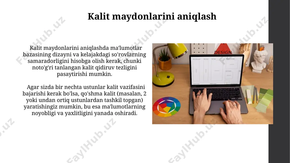 nomini tanlashda maxsus belgilar (`!@ agar ma'lumotlar turi noto'g'ri tanlangan bo'lsa, masalan, raqamli maydonga matn kiritilsa, access xato xabari beradi. bunday hollarda ma'lumotlar turini tekshirib, to'g'rilash kerak, aks holda 255 belgidan ortiq uzunlikdagi matnlar ham kiritilishi mumkin emas. maydonlarni qo'shish va ularning xususiyatlarini belgilash maydonlarni qo'shishda, ma'lumotlar turi (masalan, matn, raqam, sana/vaqt) va uzunligini (masalan, 255 belgidan oshmasligi kerak bo'lgan matn maydoni uchun) aniq belgilash muhim, aks holda ma'lumotlarni saqlashda muammolar yuz berishi mumkin. kalit maydonini (primary key) belgilash ma'lumotlar yaxlitligini ta'minlaydi va har bir yozuv noyobligini kafolatlaydi; autonumber turi avtomatik raqamlashni ta'minlaydi va odatda 1 dan boshlanadi. so'rovlarni yaratish “so'rovlarni yaratish”da kalit maydon (primary key) — ma'lumotlarning takrorlanmasligini ta'minlovchi noyob identifikator boʻlib, u avtomatik ravishda yoki qoʻlda belgilanadi. jadval yaratishda kamida 2 ta, maksimal 255 ta maydon (field) boʻlishi mumkin, har bir maydon ma'lumotlar turi (data type) bilan belgilanadi: matn, raqam, sana va boshqalar. jadval yaratishning zarurligi hisobotlar yaratish …