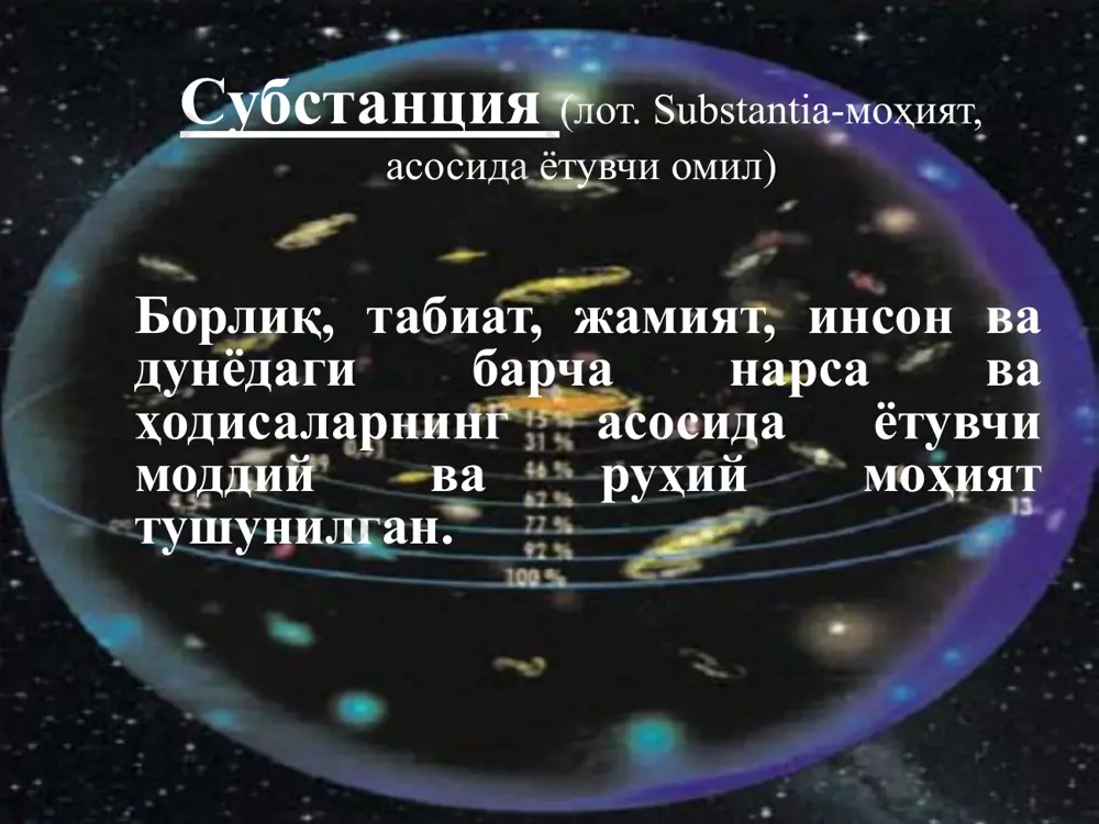 згаришдандир ҳар қандай ўзгариш - ҳаракатдандир ҳаракат моддий ҳаракат маънавий ҳаракат ҳаракат манбаи оламда абадий сокинлик ҳукмрон бўлиб, кейин дастлабки туртки туфайли олам ҳаракатга келган. (аристотель); ҳаракатнинг манбаи ҳайвоний ва жисмоний майллардан иборат. (ибн сино) ҳаракатдаги жисмга ташқи куч таъсири, яъни инерциал ҳаракат. (абул баракат) демак, ҳар қандай ҳаракатнинг ички манбаи зиддиятдадир. ҳаракат борлиқдаги моддий ва маънавий алоқадорликларда намоён бўлади ҳамда оламнинг яхлитлигини таъминлайди. ривожланиш системанинг шундай яхлит, комплекс, йўналишга эга бўлган, орқага қайтмас системавий ўзгаришики, бунинг натижасида бутун система бир сифатий ва миқдорий ҳолатдан бошқа сифатий ва миқдорий ҳолатга айланиб қолади. материя (лот.materia-модда) инсон онгидан ташқарида турувчи; онгга боғлиқ бўлмаган; борлиқнинг моддий шаклини ифодаловчи; билиб олинадиган объектив реаллик, умумий, абстракт тушунча. фазо моддий системаларнинг кўлами уларнинг бошқа нуқталарида жой олиш хусусиятига айтилади. вақт моддий системаларнинг тартиби ва мавжуд бўлиш муддатига айтилади. субстанциал концепция фазо – моддий алоқадорликлардан ташқарида, уларга боғлиқ бўлмаган ҳолда мавжуд бўлган мустақил субстанциядир; вақт – борлиққа …