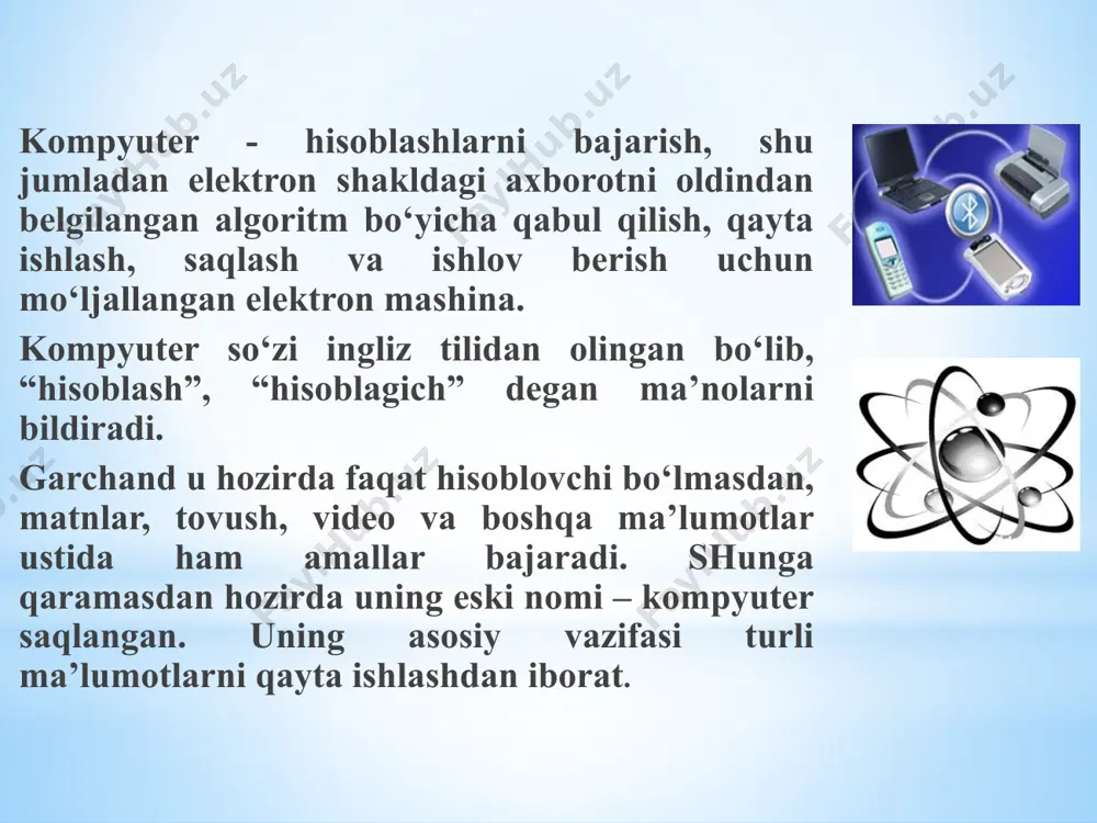 otosuratlarni kompyuterga kiritish uchun qo’llaniladi web-каmera хоnadagi jixozlarni va qog’ozdagi ma’lumotlarni коmpyuter orqali ko’rishga mo’ljallangan blue ray optik disklarning yangi standarti blue ray deb ataladi. bu nom ko‘k nur degan ma’noni bildiradi va bu disklarni o‘qishda ishlatiladigan yanada qisqa to‘lqin uzunligiga ega lazer nurining rangidan olingan. oldingi optik disklarda qizil nurli lazerdan foydalanilar edi. blue ray disklarining hajmi 25 gb – 100 gb bo‘lib, to‘liq yuqori aniqlik standartidagi tele ko‘rsatuvlar va video materiallarni saqlash uchun foydalaniladi. flesh xotiralar. flesh xotira (flash memory – bir zumda (ko‘z yumib ochguncha) o‘qiydigan xotira) deb elektron mikrosxemalar ko‘rinishidagi, elektr ta’minotidan uzilganda ham o‘zidagi ma’lumotlarni saqlab qola oladigan va kompyuterga usb shina orqali ulanadigan tashqi xotiraga aytiladi. flesh xotiralar dastlab raqamli foto va video kameralarda qo‘shimcha xotira sifatida qo‘llanilgan. oradan bir necha yil o‘tib, 2001 yilda ular usb shina orqali ulanadigan shaklda sotuvga chiqarildi. ularning sig‘imi avval 1, 2, 4 yoki 8 mb bo‘lgan bo‘lsa, …