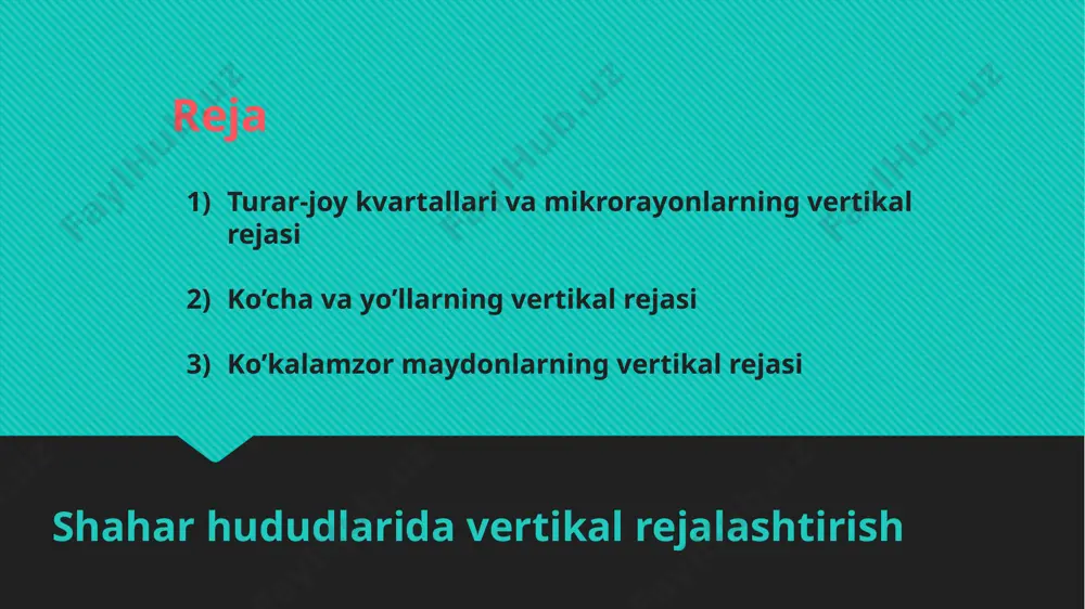 kal rejasi relefning turli shakllari kesishmasining vertikal rejasi sxemalari ko’cha va yo’llarning vertikal rejasi maydonlarning vertikal rejalashtirish shakllari: a – biryoqlama qiyalikka ega relef profili; b – huddi shunday, faqat ikki tomonlama; v – huddi shunday, faqat to'rt tomonlama ko’cha va yo’llarning vertikal rejasi veratikal rejalashtirishda eng muhim masalalardan biri ularni bog'lashdir, uning yechimi ko'cha va o'tish joylarining vertikal rejalashtirishidan kelib chiqadi. hisob o'qning qizil belgisi yoki qizil chiziqdan kelib chiqadi. (qizil chiziq trotuarning tashqi tarafidan o'tadi va ko'chani mikrorayon hududidan ajratadi) ko’cha va yo’llarning vertikal rejasi bino burchaklarining qizil belgisi ularni aniqlash vaqtida bort toshining balandligiga bog'liq. bino burchagining qizil belgisi (hq) quyidagicha belgilanadi : hq=h+dб∙к + с ∙ iпоп bu yerda н- o’tish joyining qizil belgisi, m; dб∙к - bort toshining balandligi, m; с ∙ί поп - binogacha bo’lgan qizil chiziqning ko’ndalang qiyaligi hisobiga hududning kengayishi. ko’cha va yo’llarning vertikal rejasi bino burchaklarining balandlik belgilarini aniqlash. bino balandligining …