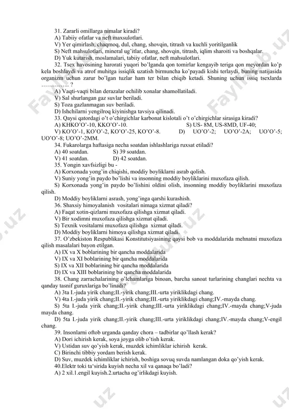 ing tezligi. 19. o’n sakkiz yoshga to’lmagan shaxslarni ishga qabul qilish mexnat kodeksining nechanchi moddasida ko’rsatilgan talabga rioya etilgan holda bajariladi? a) 247 modda. s) 242 modda v) 234 modda d) 239 modda mexnat muxofazasi bu – . . . a) ish jarayonida insonning mexnat sharoitini va xavfsizligini ta‘minlashga yo’naltirilgan texnik va gigienik chora tadbirlardir. v) ish jarayonida insonning mexnat kobiliyatini va xavfsizligini ta‘minlashga yo’naltirilgan qonunlar majmuasi,tashkiliy,texnik,gigienik va profilaktika tadbirlari hamda vositalaridir. s) insonni tabiiy ofatlardan himoya qilish, texnik,gigienik va profilaktika tadbirlari xamda vositalaridir. d) shaxsiy gigienaga rioya qilish texnik,gigienik va profilaktika tadbirlari xamda vositalaridir. 21. o’zbekiston respublikasi mehnat kodeksining vazifasi nimadan iborat? a) ishchi va xodimlarni mexnatga doir huquqlarini va mehnatga doir munosabatlarni himoya qilishni tartibga soladi. v) mehnatga haq tulashni har doim nazorat qiladi. s) insonlar mehnati va havfsizlik texnikasi qonun qoidalariga rioya qilishni nazorat qiladi. d) ishchi va xodimlarni mehnat qilishini, ishlab chiqarish sanitariyasi va yong’in xavfsizligini …