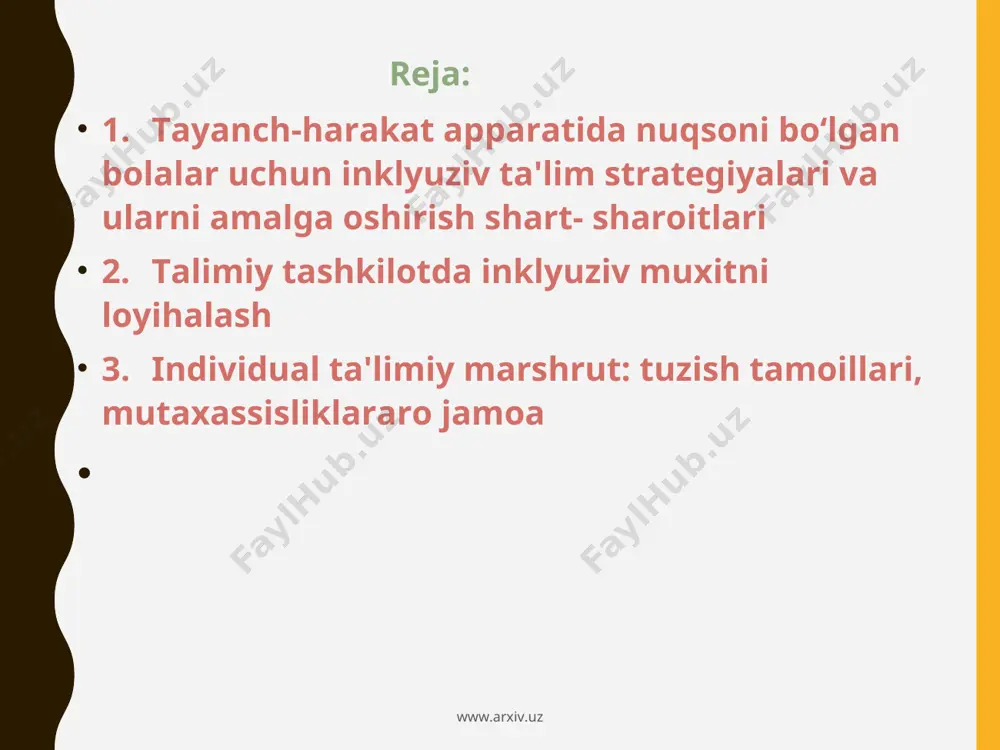 alar perebral falaji. harakatlanishida muammolari bo’lgan bolalarning ko’pchilik qismini asosan bolalar serebral falaji (bsf) tashkil etadi bolalalar serebral falaji miyaning harakatlanish markazlarini buzilishi oqibatida tayanch harakat a’zolarining falajlanishidir. bolada qo’l oyoqlar yoki yuz muskullarining harakatini nazorat qiluvchi miyaning qismlari shikaslanishi natijasida tananing harakatchan a’zolari jonsizdek osilib turadi yoki juda ko’p holatda tarang tortishgan holatda bo’ladi. serebral falaj bolalarda bosh yoki yuz muskullarining harakatlarini nazorat qila olmasligi yoki qiyinchiliklarga duch kelganligi, til muskullarining| falajlanganligi oqibatida nutqida ham og’ir nuqsonlar yuzaga keladi. bundan tashqari serebral falaj bolalarda ikkilamchi nuqson sifatida ko’rish, eshitish idrokida ham nuqsonlar kuzatiladyu serebral falaj bolalarning mayda qo’l motorikasida ham juda qo’pol ouzilishlar yuzaga keladi. shuning uchun ham ularni yozma nutqga o’rgatish qiyin kechadi. serebral falaj bolalar bilan olib boriladigan korreksion pedagogik va davolash ishlari kompleks olib borshnpi, bunda psixonevrolog, nevropatolog, defektolog tarbiyachi xamkorliqda faoliyat yuritishi talab etiladi. www.arxiv.uz www.arxiv.uz * bosh miyadagi harakat markachlarimish jarohatl turi va xususiyatlariga …