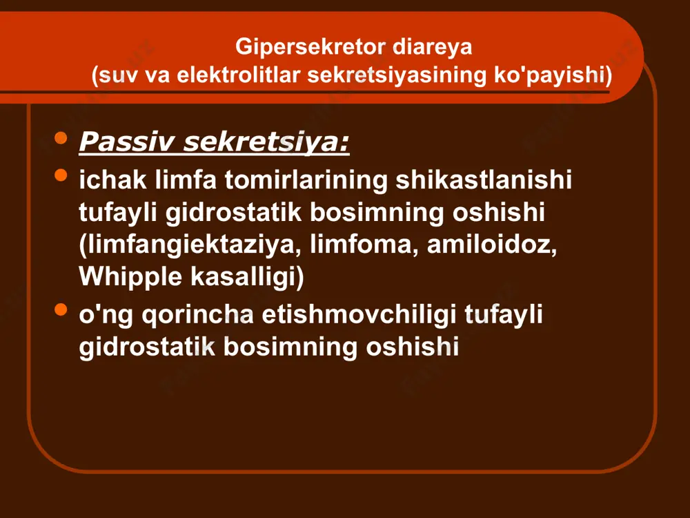 l kontaminatsiya sindromi bilan birgalikda) ko'richak sindromi gipereksudativ diareya (ichak bo'shlig'iga suv va elektrolitlarning oqishi) yallig'lanishli ichak kasalliklari (kron kasalligi, yarali kolit) patogenning sitotoksik ta'siri bo'lgan ichak infektsiyalari (dizenteriya, salmonellyoz) ingichka va katta ichakning ishemik kasalligi proteinni yo'qotadigan enteropatiyalar sababli sabablar bakteriyalar: salmonellalar, shigella, yersiniya, stafilokokklar, coli, klostridiya, kampilobakter protozoa: dizenterik amyoba, lambliya, kriptosporidium, izosporidium viruslar: rotaviruslar, adenoviruslar, astroviruslar, kalisiviruslar, norfolk va breda viruslari, oddiy herpes, sitomegalovirus, gepatit a virusi gastrit belgilari ko'ngil aynishi kusish epigastral mintaqada og'riq va sezgirlik hiqichoq enterit belgilari meteorizm umbilikal sohada og'riq va sezgirlik tez-tez, ko'p, suvli axlat najasda hazm bo'lmagan oziq-ovqat qoldiqlari kolit belgilari tez-tez, kam miqdordagi axlat najasdagi shilliq, qon, yiring aralashmasi katta ichakning turli qismlarida og'riq tenesmus (distal kolit) soxta istaklar "to'g'ri ichak tupurish" belgisi - distal kolit sigmasimon ichakning spazmlari va nozikligi (distal kolit) yuqumli-toksik sindrom belgilari bilan gastroenterit salmonellyoz dizenteriya (gastroenterokoli). tic variant) oziq-ovqat bilan bog'liq kasalliklar escherichioz virusli gastroenterit …
