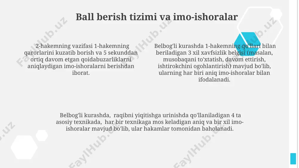 i. kurashchilarning o'zaro muloqotida qo'llaniladigan imo-ishoralar kurashchilarning raqibini ogohlantirish uchun 1-2 marta qo'llarini ko'tarish va 3-4 marta boshini silash kabi imo-ishoralardan foydalanishlari mumkin, bu “hujum qilishga tayyorman” degan ma’noni anglatadi. ba'zi kurashchilar raqibini chalg'itish uchun 5-6 marta qisqa va tez harakatlar bilan oyoqlarini silashadi, bu "tuzoq" yoki "aldash" harakatlarini bildiradi. belbog'li kurashda “taslim bo'lish” imo-ishorasi sifatida 2 qo'lni bir vaqtning o'zida yelkalariga qo'yish va boshiga 1 marta teginish qo'llaniladi. belbog'li kurashning o'ziga xos imo-ishoralar belbog‘li kurashda hakamning 1-raund tugaganini bildirish uchun qo‘llari bilan aylana harakatini 2 marta qilishi, vaqt tugashini esa qo‘llarini yon tomonga cho‘zib 3 marta silash bilan ifodalanadi. kurashchilarning 5 balldan ortiq ochko to‘plaganidan so‘ng g‘olib ekanligini hakamning qo‘lini yuqoriga ko‘tarib, to‘rt barmoqli ishorani ko‘rsatishi bildiradi. belbog‘li kurashda taqiqlangan harakatlarni amalga oshirgan kurashchi hakam tomonidan ogohlantirish uchun, hakam qo'lini gorizontal holatda ushlab turadi va 2 marta pastga tushiradi. e'tiboringiz uchun rahmat @taqdimot_robot