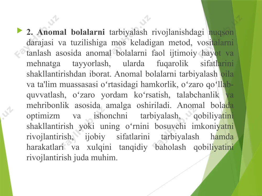 iqilgan bo‘lib, bu o‘quvchilarning rivojlanishiga, jamiyatga moslashishiga va mustaqil hayotga tayyorlanishiga xizmat qiladi. korreksion o‘qitishning maqsadi bolani o‘qitish va tarbiyalashda individual yondashuv; jismoniy, aqliy va ijtimoiy jihatdan rivojlantirish; harakatlarni mustahkamlash va mustaqillikka o‘rgatish. image1.jpeg image2.jfif image3.jfif image4.jfif image5.jpeg image6.jpeg image7.jpeg image8.jpeg image9.jpeg image10.jpeg image11.jpeg image12.jpeg image13.png image14.jpeg image15.jpeg image16.jpeg image17.jpeg image18.jpeg image19.jpeg image20.jpeg