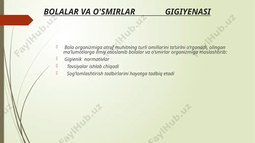 zorati ostida. jismoniy rivojlanish o’rganish somatoskopik mezonlar muskul-skelet tizimining holati ko'krak, orqa yetuklik davri somatoskopik ko*rsatkichlarlar teri-teri osti yog kletchatkasi holati muskul-skelet tizimining holati ko'krak qafasi shakli umurtqa pogonasi shakli oyoqlar shakli balog'atga etishish darajasi qomatning shakli основные виды осанки (а - лордотична б - кифотична; в - правильная г - сутулый д - выпрямлена) skoliozni aniqlash usuli skoliozometr skoliozni oldini olish usullari oyoq shakli формы нижних конечностей (а - нормальная, б - x-образная; в - о  образная) yassi oyoqlilikni aniqlash usuli yassi oyoqlilikni oldini olish somatometrik mezonlar tananing uzunligi va uning alohida qismlari tana massasi diametrlar va konturlar fiziometrik ko*rsatkichlar o*pkaning tiriklik sigimi mushaklarning kuchi, turg'unligi puls arterial bosim jismoniy rivojlanishni baholash sigmal og'ish usuli jismoniy rivojlanishni regressiya shkalasi bo'yicha baholash kompleks baholash sentil usuli e’tiboringiz uchun rahmat image1.jpeg image2.jpeg image3.jpeg image4.jpeg image5.jpeg image6.jpeg image7.png image8.jpeg image9.jpeg image10.jpeg image11.jpeg image12.jpeg image13.jpeg image14.jpeg image15.jpeg image16.png image17.jpeg image18.jpeg image19.png image20.jpeg …