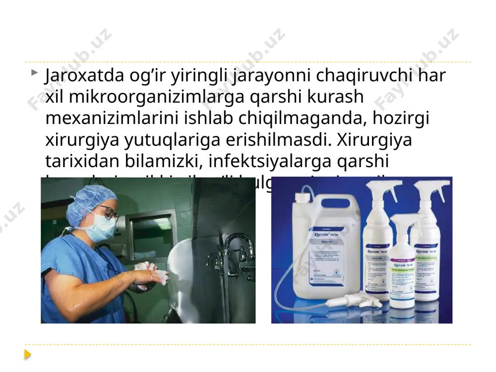 ng namligi va uning harorati), jarohatni ochiq qoldirish va gigroskopik usullar. shunindek fizikaviy antiseptikaga fizioterapevtik davolar ham kiradi, bular: uvch-terapiya, elektroforez usullari, diotermiya usuli, ozonoterapiya usuli, davolovchi loylar va boshqalar. fizikaviy antiseptika – jaroxatni davolashda va yalliglanishga qarshi kurashda asosiy zamonaviy usullardan biridir. infektsiyani organizmga tarqalishini oldini olishda va yalliglanish infiltratini so’rilishini ta’minlash maqsadida (un) – ul’trabinafsha nuri bilan kam miqdorda nurlash ishlatiladi. bu organizimni immunitetini, aglyutinlarni miqdorini va qon-plazma elementlarini miqdorini oshiradi. oxirgi o’n yilda lazer nuri bilan davolash ko’p qo’llanilib kelmoqda. lazer bilan davolashda lazerni kam miqdordagi nuri foydalanilib kelinmoqda. bunda geliy-neonli lazer nurlari monoxromatik doirani hosil qilb teriga 0.61 mm; mushakga 2.04 mm gacha ta’sir qiladi. shuningdek ul’tratovush usullari xam davolashda keng qo’llanilib kelinmoqda. neorganik strukturali moddalar – galoidlilar (xlor va uning birikmalari, yod va uning birikmalari); oksik erituvchilar (bor kislotasi, kaliy permanganat, vodorod peroksid); ogir metallar (simob, kumush va alyuminiy). organik strukturali moddalar – fenollar, salitsil …