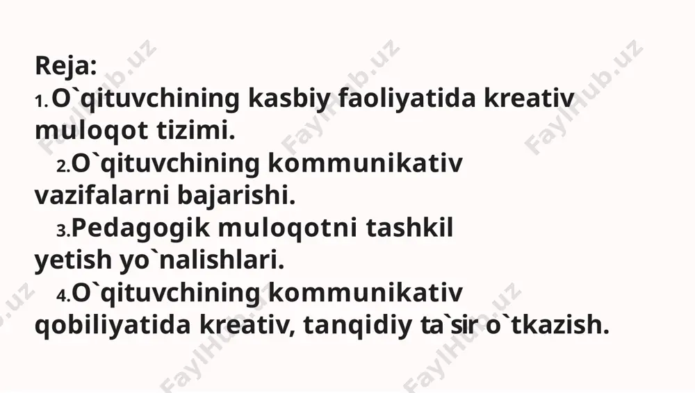 ni samarali tashkil etishda muhim ahamiyatga ega. vazifalar axborot berish tushuntirish baholash rag8batlantirish misol interaktiv metodlar o8quvchilarning faolligini oshiradi. 2. o`qituvchining kommunikativ vazifalarni bajarishi qiziqarli ma`lumot: o8qituvchi bir vaqtning o`zida psixolog, tashkilotchi, maslahatchi va motivator vazifalarini bajaradi. u nafaqat dars beradi, balki sinfda sog8lom psixologik muhitni shakllantiradi. hayotiy misol: o`quvchilar dars paytida o`z fikrlarini bemalol aytishlari, xatolardan qo`rqmasliklari uchun o`qituvchi har bir savolga "xato bu o`rganishning bir bosqichi" deya javob beradi. bu esa, muloqotga bo`lgan ishonchni oshiradi. pedagogik muloqotni tashkil yetish yo8nalishlari muloqot madaniyati ta`limda madaniyatli va hurmatga asoslangan suhbatlar. ishonchli munosabatlar o`quvchilar bilan samimiy aloqa o`rnatish muhim. to`sqlarni bartaraf etish muloqotdagi qiyinchiliklarni hal qilish strategiyalari. ijodiy muloqot erkin, ochiq va ishonchli muhitda yuzaga chiqadi muloqot orqali o‘qituvchi o‘quvchilarning ichki ehtiyojlari va qiziqishlarini jihatlarini o‘rganadi 3. pedagogik muloqotni tashkil yetish yo8nalishlari yo8nalishlar: dialogik muloqot (savol-javob asosida) kooperativ muloqot (hamkorlikdagi faoliyat) empatik muloqot (tuyg8u va holatga tushunish) rivojlantiruvchi muloqot (mustaqil fikrlashga …