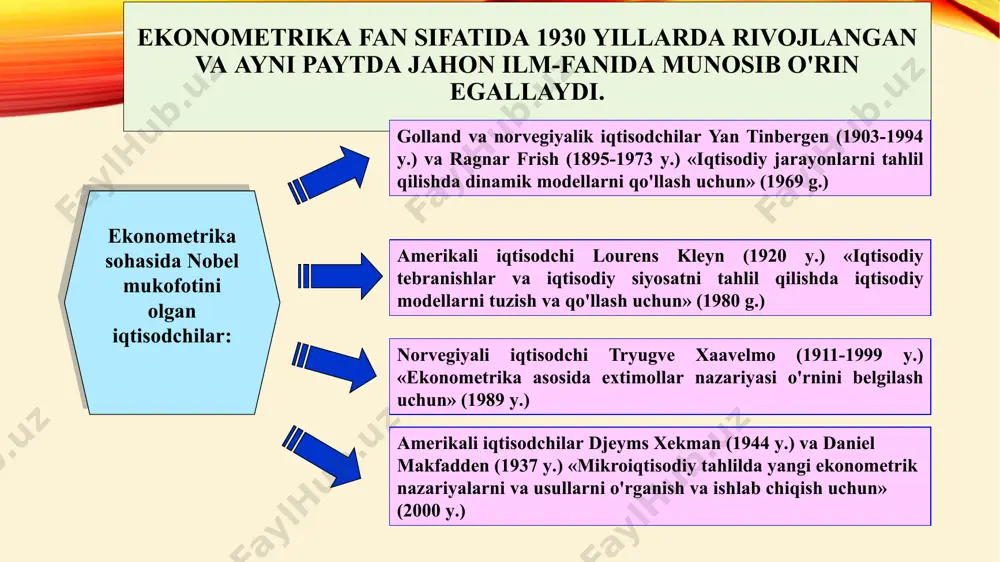 odellar parabola, giperbola, darajali funktsiya, ko'rsatkichli funktsiya, trigonometrik funktsiya va boshqalar ko'rinishida bo'lishi mumkin. model lochincha modulus so‘zidan olingan bo‘lib, o‘lchov, me’yor degan ma’noni anglatadi tor ma’noda - o‘rganilayotgan ob’ektning, jarayonning yoki hodisaning muhim xususiyatlarini, xossalarini aks ettiruvchi yordamchi ob’ekt keng ma’noda - biror ob’ektni yoki ob’ektlar tizimining namunasidir modellar turlari moddiy modellar real ob’-yektlarni tabiiy va sun’iy materiallar yordamida aks ettiradi: mel bilan doskaga yozish, karton bilan maket tuzish, qalam bilan formula yozish, metalldan aviamodel yasash. moddiy modellar ideal modellar ideal modellar odamni fikrlash jarayoni bilan chambarchas bog‘langandir. bunday modellar bilan operatsiyalar miyada amalga oshiriladi. to'plangan ma'lumotlar hajmiga ma'lumotlarning aniqlik darajasiga tadqiqotchining malakasiga modellashtirish jarayoniga echiladigan masalaning xarakteriga bog'liq tuzilgan ekono-metrik modelning haqiqiy-ligi birinchi bosqich – spetsifikatsiyalash. iqtisodiy muammoni qo'yilishi – asosiy omillar guruhi tanlanadi, iqtisodiy ma'lumot to'planadi, asosiy omil va ta'sir etuvchi omillar guruhi belgilanadi; korrelyatsion tahlil usuli yordamida ekonometrik modelda qatnashadigan omillar aniqlanadi. ekonometrik modellashtirish bosqichlari ikkinchi …