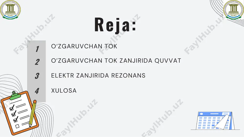 yig‘indisidir. quvvat koeffitsienti esa aktiv quvvatning to‘liq quvvatga nisbati sifatida aniqlanadi va elektr tizimining samaradorligini belgilaydi. quvvat koeffitsienti qanchalik yuqori bo‘lsa, energiya uzatish shunchalik samarali bo‘ladi. kuchlanish rezonansi – bu o‘zgaruvchan tok zanjirida induktiv reaktans va sig‘imli reaktanslar bir-birini to‘la kompensatsiya qilgan holatdir. rezonans holatida zanjirdagi umumiy reaktans nolga tenglashadi, kuchlanish va tok orasidagi faza burchagi nol bo‘ladi va tok qiymati maksimal darajaga yetadi.